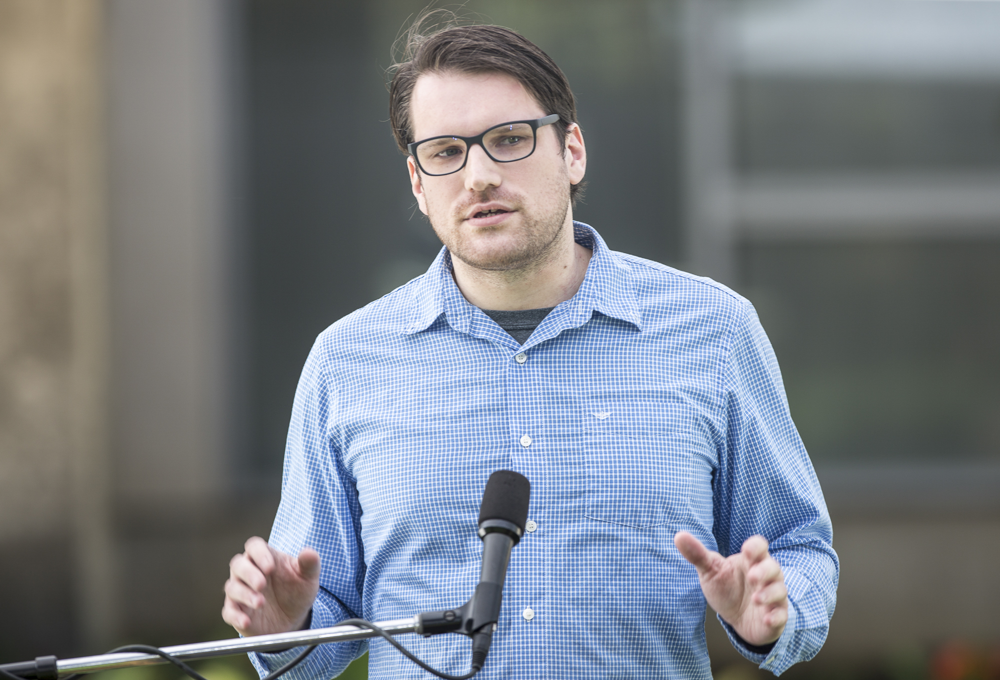Santa Monica College Associated Student (A.S) Director of Publicity candidate Jeremy Thurman makes his case as to why he would be a great choice if elected A.S Director of Publicity during the A.S election debate on the quad of the Santa Monica College main campus in Santa Monica California, on Tuesday, April 3 2018. (Matthew Martin/Corsair Photo)