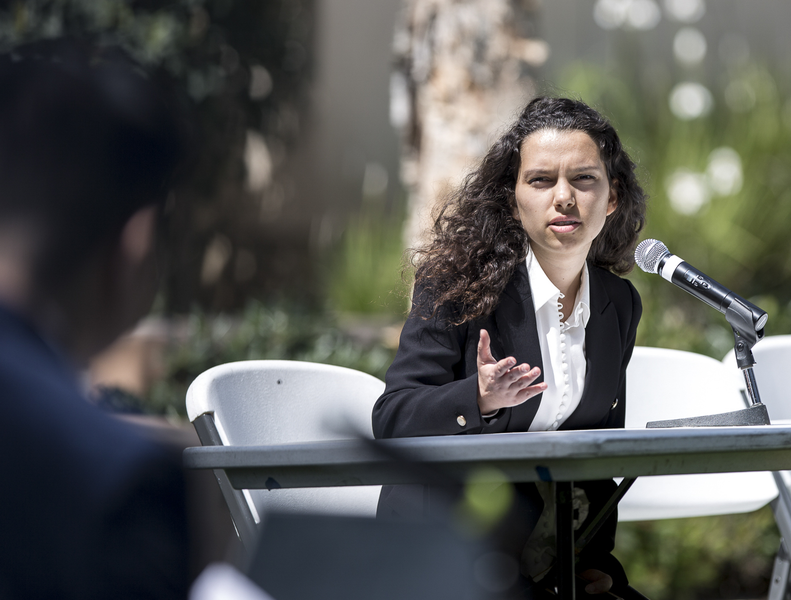  Santa Monica College Associated Student (A.S) Director of Budget Management candidate Maria Damien discusses why she would be a great choice if elected A.S Director of Budget Management during the A.S election debate on the quad of the Santa Monica 