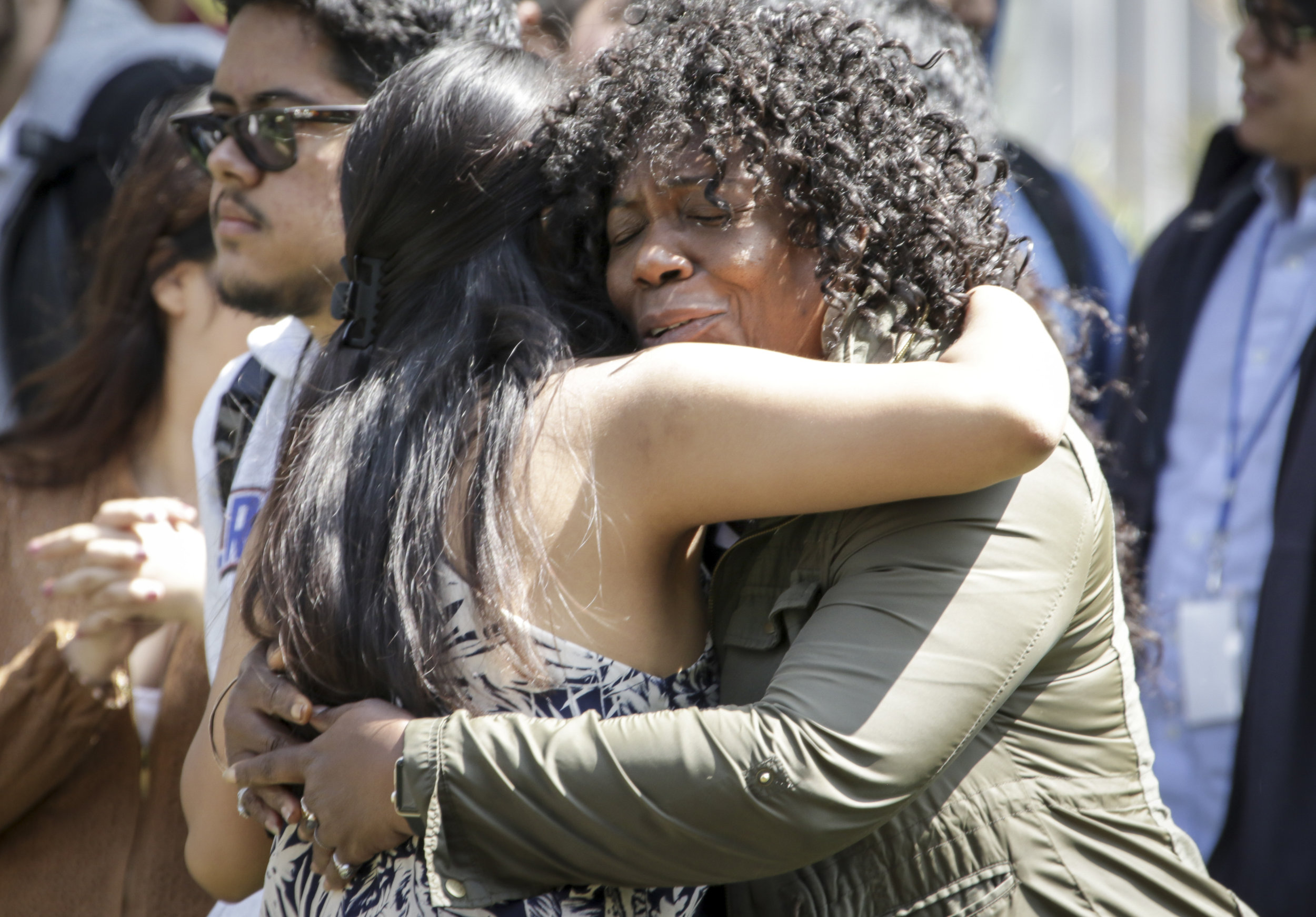  Santa Monica College student Hyacinth Mcleod (Right) hugs A.S. candidate Kimberly Hernandez (Left) while she attends the Associated Students elections debate held at the quad of the main campus on Tuesday, April 3, 2018. Kimberly is running for Dire