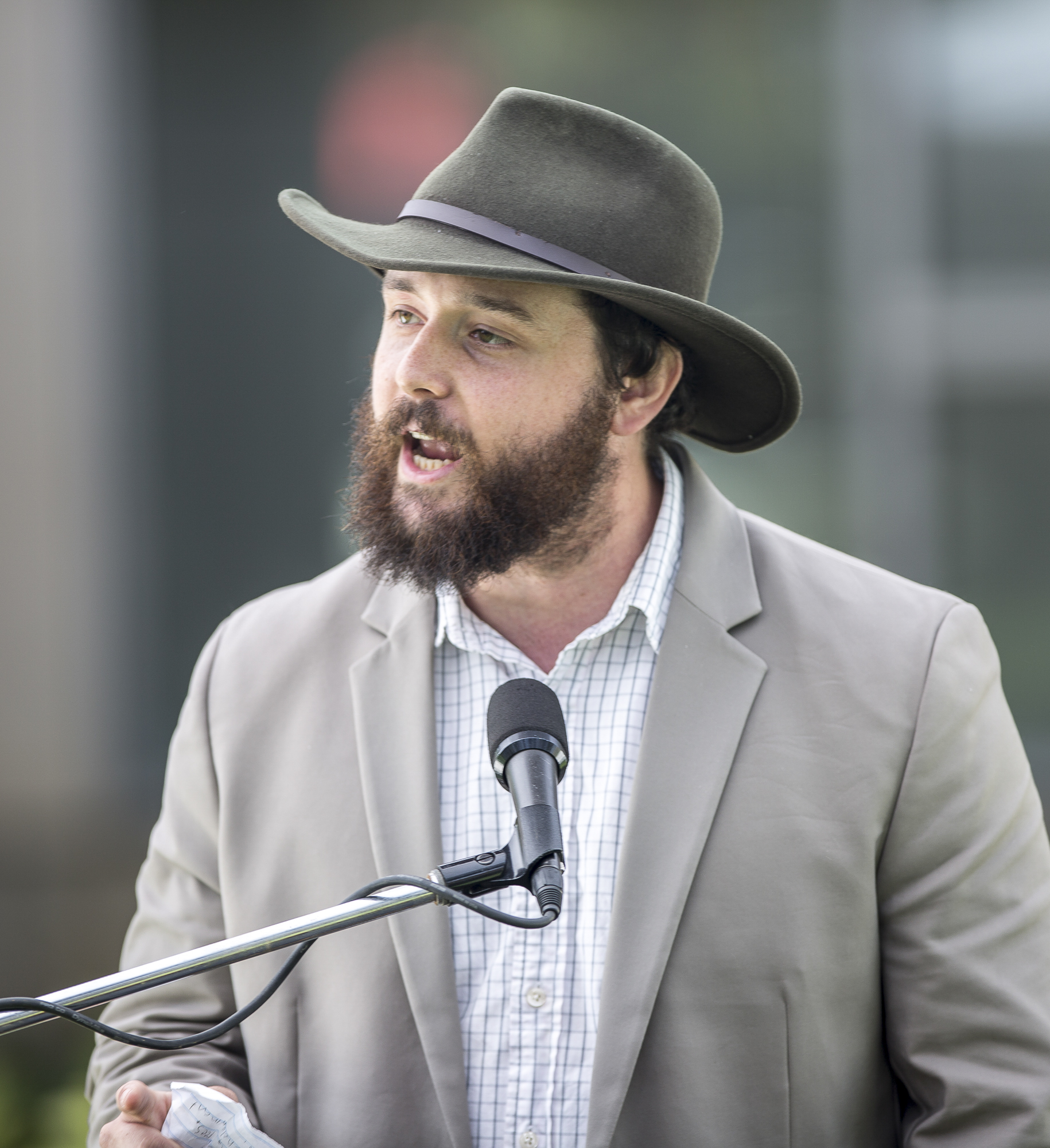 Santa Monica College Associated Student Board (A.S) Student Trustee candidate Ben Kolodny speaks for 2 minutes regarding why he would make a great choice as the newly elected Student Trustee for the Santa Monica College Associated Students during the A.S election debate that took place on the quad of the SMC main campus in Santa Monica California, on Tuesday, April 3 2018. (Matthew Martin/Corsair Photo)