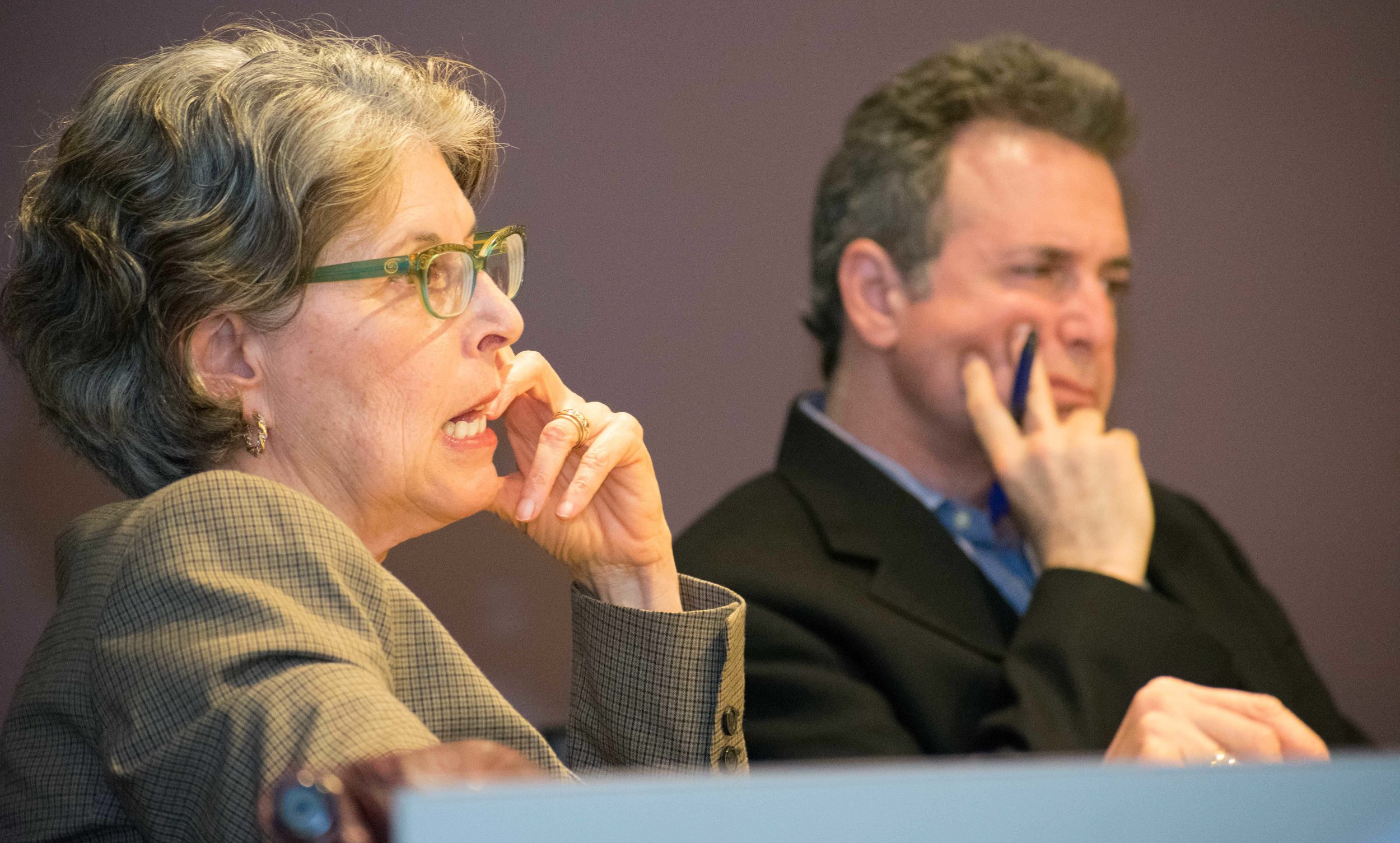 The Board of Trustees at Santa Monica College, partially pictured from left to right are trustee Dr. Louise Jaffe and trustee Rob Rader meet monthly to discuss items and other topics pertaining to the school in Santa Monica, California on Tuesday, April 3, 2018. (Ethan Lauren/Corsair Photo)