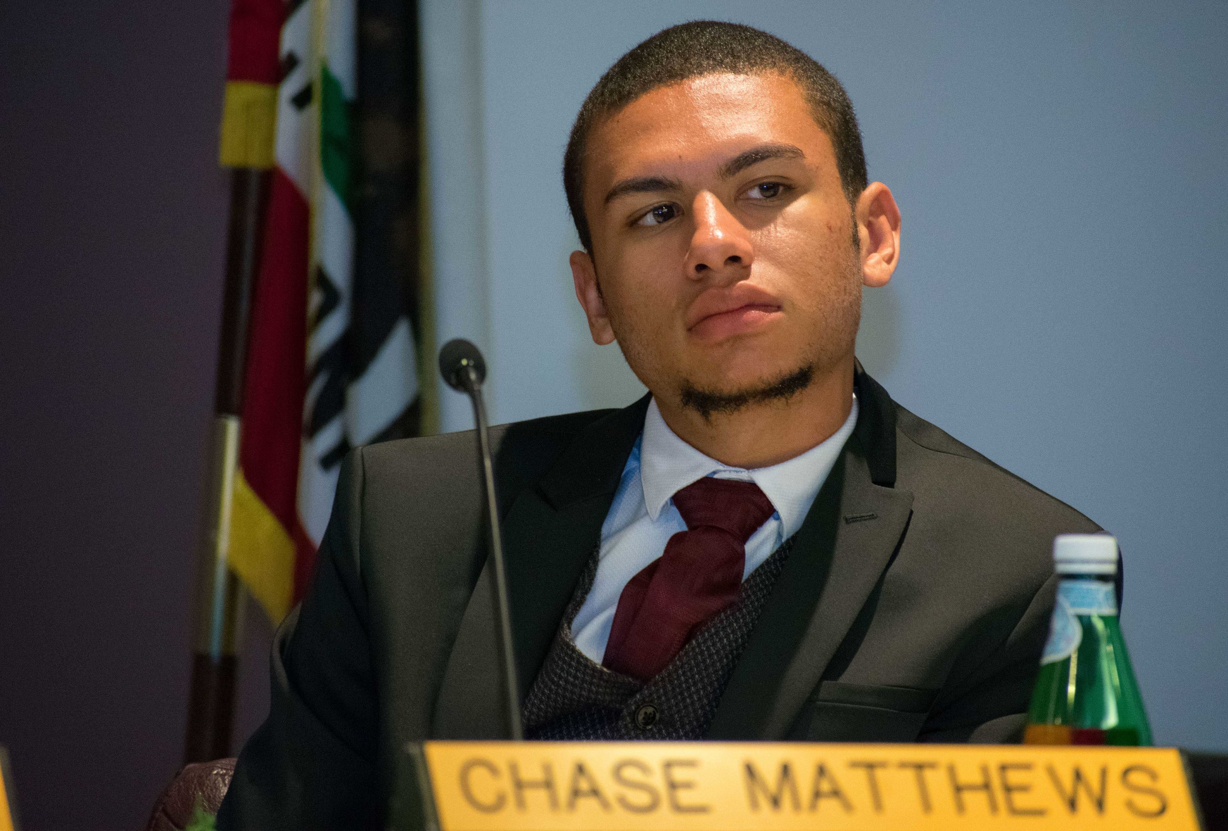  Student trustee Chase Matthews sits alongside the Santa Monica College board of trustees (not pictured) on Tuesday, April 3 during the monthly meetings at Santa Monica, California. Matthews was voted into the position by students at the college duri