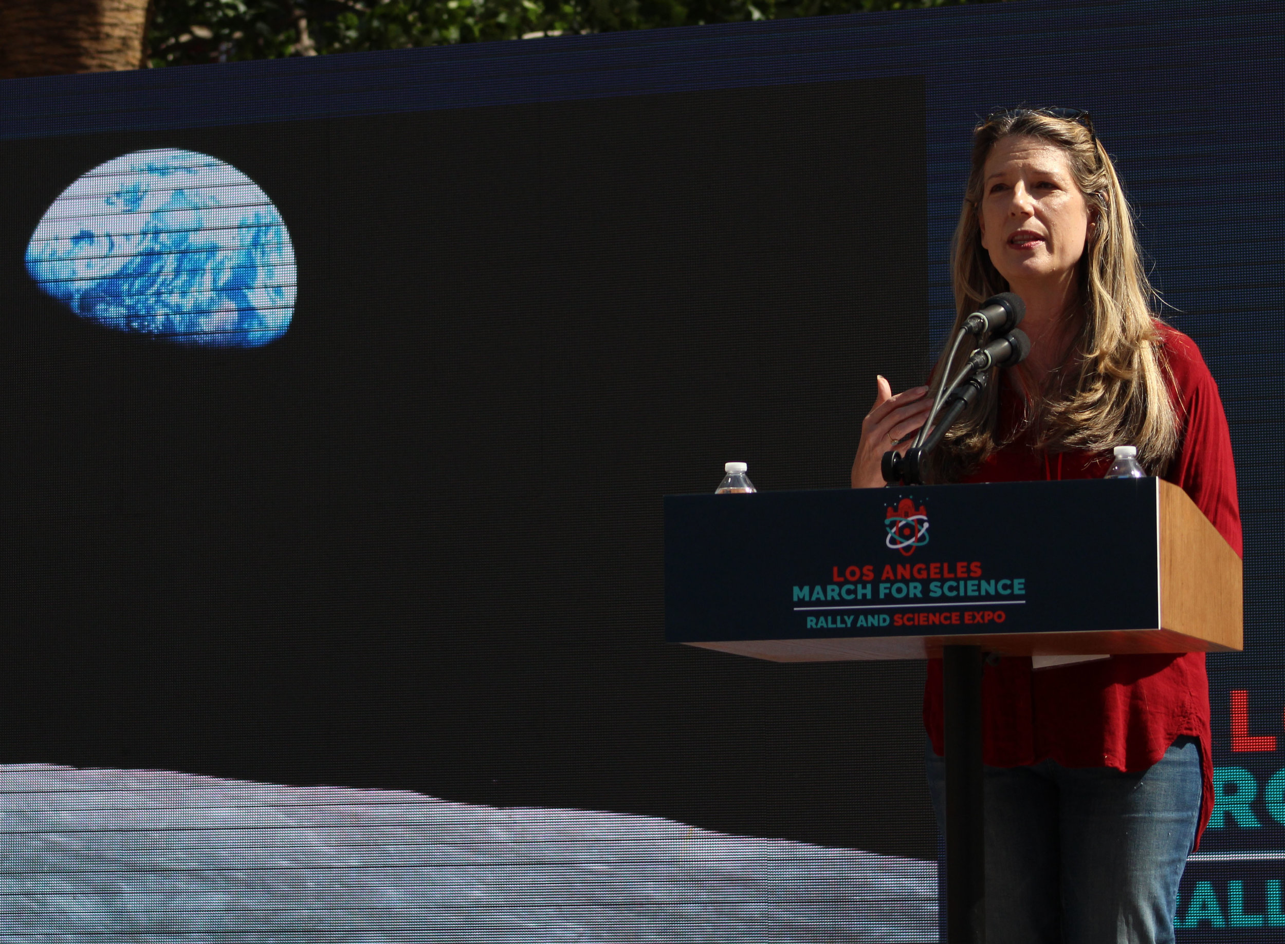  Astrophysicist and curator of the Gryffith Observatory, Dr. Laura Danly, discusses the importance of science and its role in shaping the world for the LA March for Science held at Pershing Square in Downtown Los Angeles, California, on Saturday, Apr