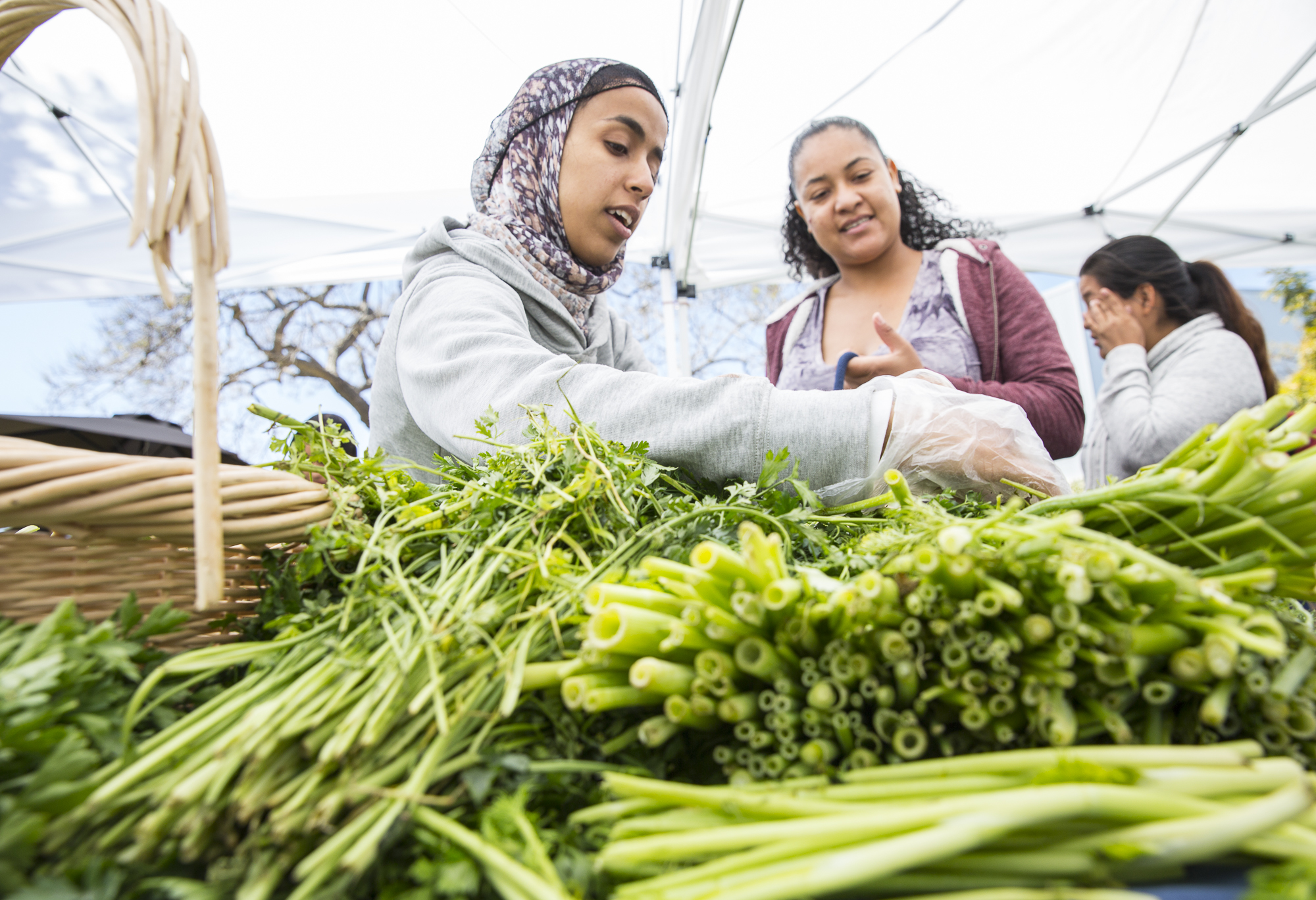  Santa Monica College (SMC) student and biology major Amira Majrashi (left) volunteers to helps give fresh produce from the Corsair Farmers Market to Santa Monica College student Jade Siracha (right) during the SMC Earth Day event “Students Feeding S