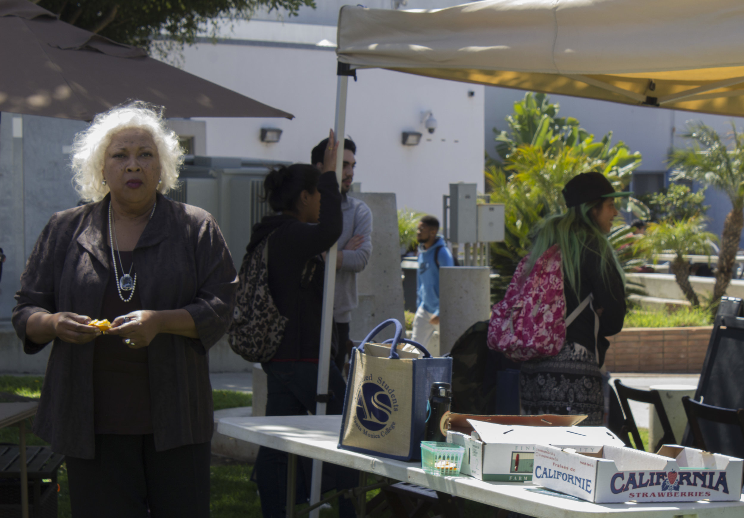  Dr. Kathryn Jeffery (left), President of Santa Monica College, attended the morning Farmers Market. Earth Week started with 'Students Feeding Students' Free Farmers Market & Food Demos on Monday, April 16, 2018. At Santa Monica College, Santa Monica