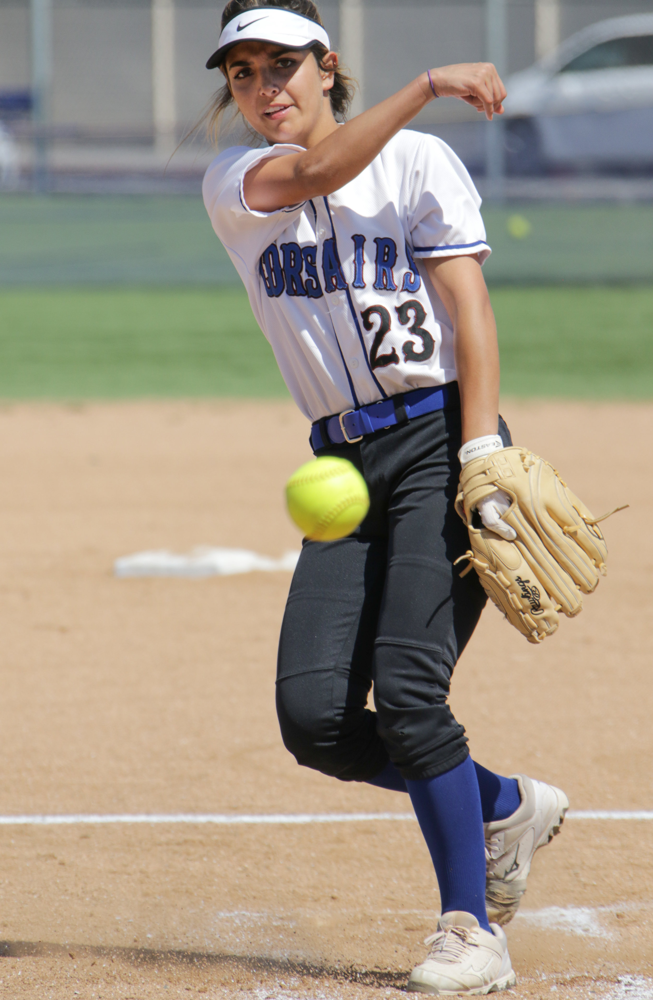  Santa Monica College Corsair softball team pitcher Taylor Liebesman practicing throwing her pitch before the start of a new inning during their game against Oxnard  College on thursday, April 19th, 2018. The game ended 3-2 in favor for Santa Monica 