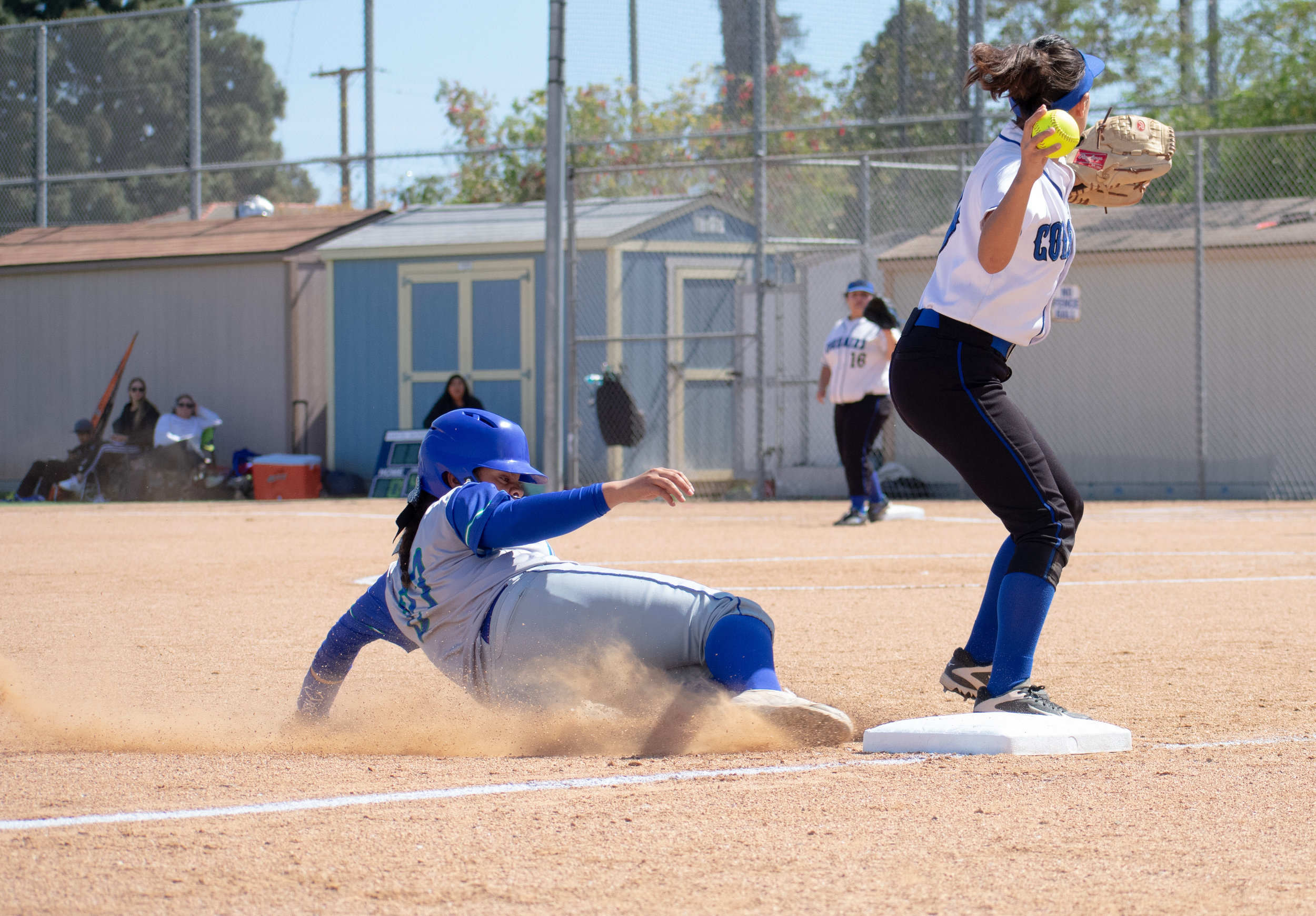  After forcing the Oxnard Condors out of third base, Santa Monica College Corsair Briana Osuna (#10) throws the ball to first to get the next runner out ball in a softball on Thursday, April 19, 2018 at the John Adams Middle School Field in Santa Mon