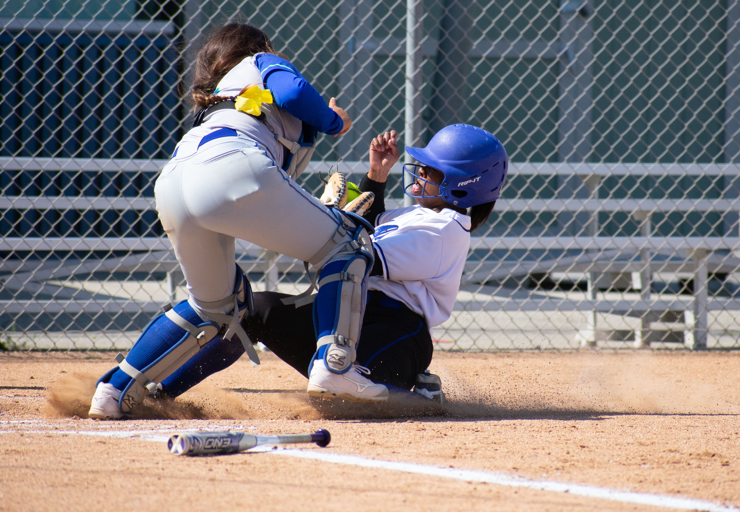  Santa Monica College Corsair Kahlaysia Miller (#8) fails to make it home in a softball game against the Oxnard Condors on Thursday, April 19, 2018 at the John Adams Middle School Field in Santa Monica, California. The game ended with an 3-2 win for 