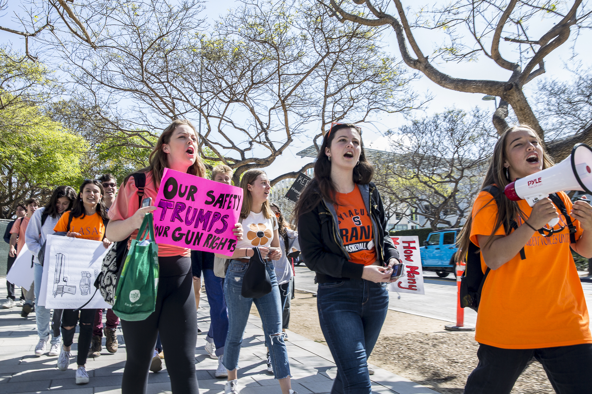 Santa Monica high school students walk down 4th street towards Santa Monica City Hall during the national student walkout that took place in Santa Monica, California on Friday, April 20 2018. Several hundred students from area high schools and middle schools converged on Santa Monica City Hall in protest against all forms of gun violence, marking also the 19th anniversary of the Columbine High School massacre. (Matthew Martin/Corsair Photo)