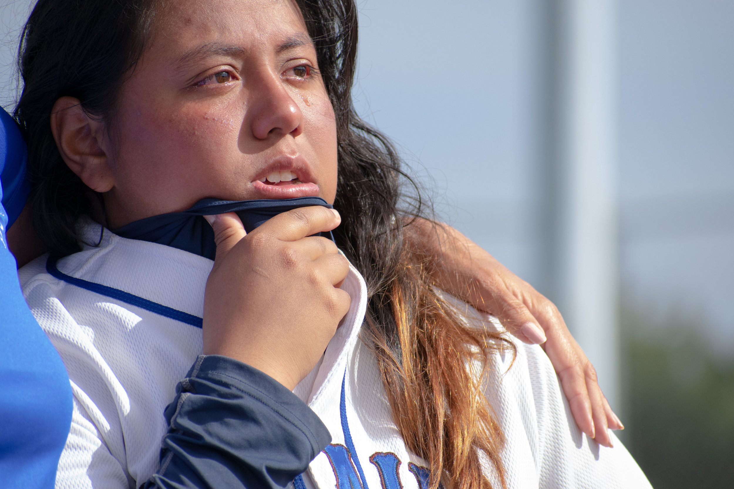 Santa Monica College Corsair Ashley Sasso (#12), a sophomore who played her last game gets emotional as the team discusses the season after the final game of the season against the Santa Barbara Vaqueros on Friday, April 20, 2018 at the John Adams Middle School Field in Santa Monica, California. The game was a 7-1 loss for the Corsairs, ending the season with an 8-21 record. (Ethan Lauren/Corsair Photo)
