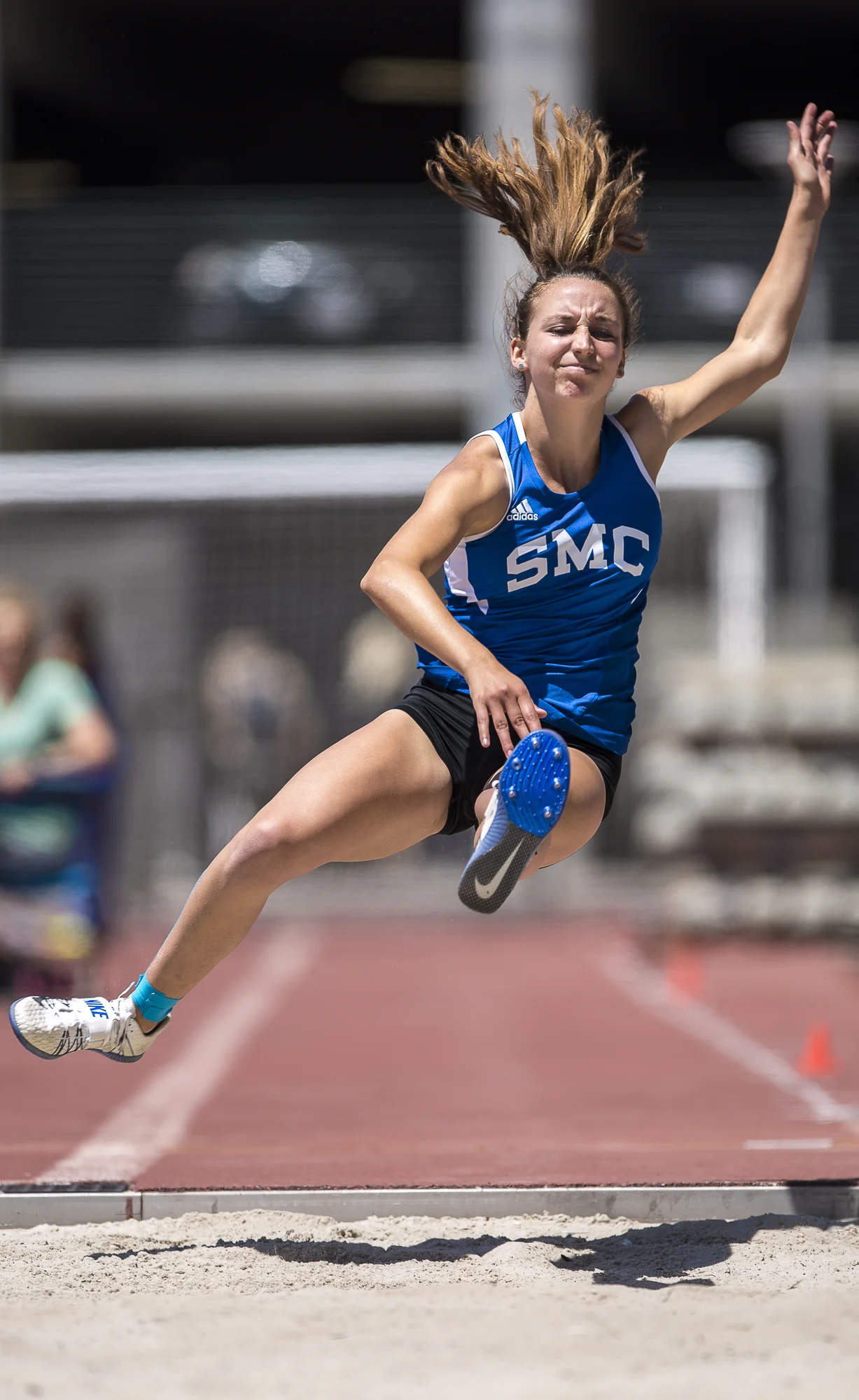 Santa Monica College (SMC) Corsair long jump athlete Joie Cosentino participates in the Women’s long jump event that took place during the Track and Field Western State Championships at the SMC Corsair Stadium in Santa Monica California on Friday April 20 2018. Joie Consentino jumped a lifetime best of 4.93 meters to take 6th place. (Matthew Martin/Corsair Photo)