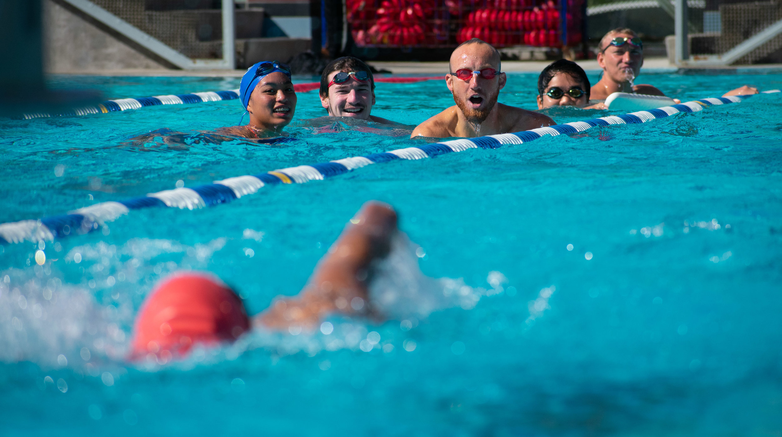  From left to right, Brianna Quiane, Oliver Hale, Brian Mcateer, Musashi Saito, and Matthew Holt watch as fellow swimmer for the Santa Monica College swim team, Joseph Medina, swims in celebration of his birthday on Wednesday, April at the Santa Moni