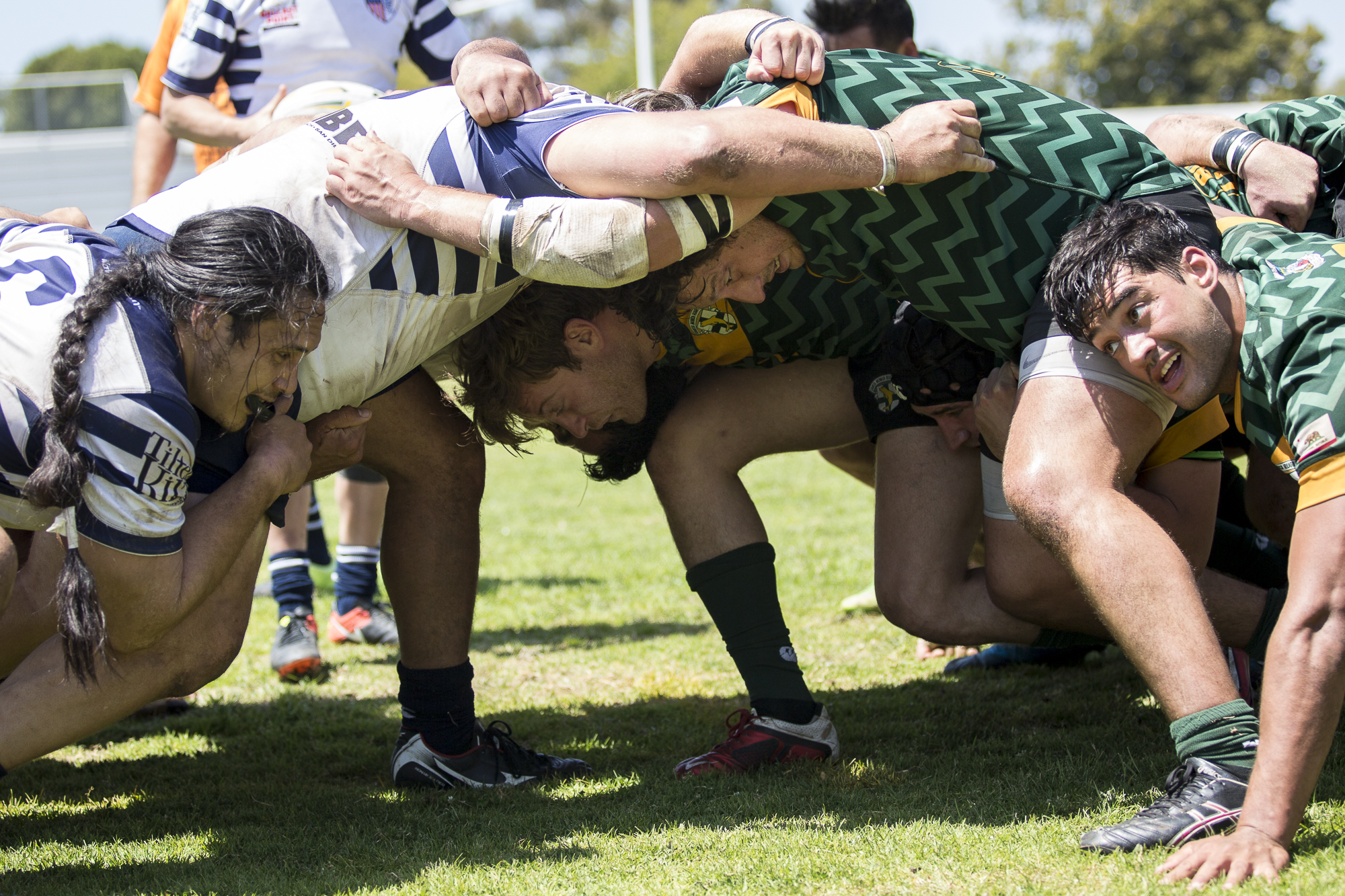 The Santa Monica Dolphins and Old Mission Beach Athletic Club come together for a scrum (in favor of Santa Monica) after Mission Beach were deemed off side during the 2nd half of the game, which was held at Westchester High School in Westchester California on Saturday April 28 2018. The Santa Monica Dolphins would go on to lose the game 7-26 during Saturday’s game. (Matthew Martin/Corsair Photo)