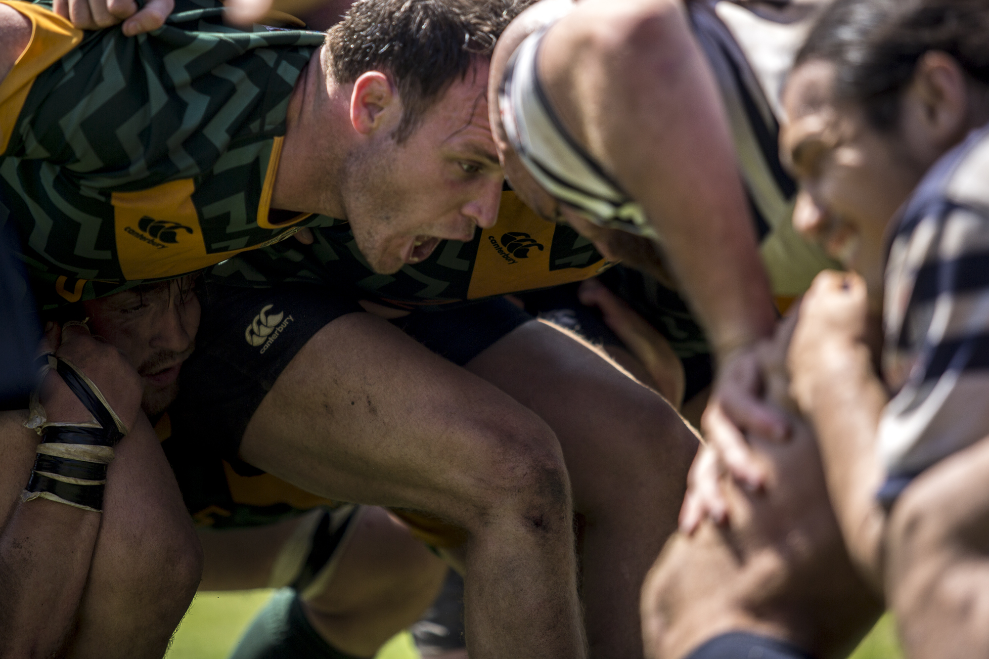 The Santa Monica Dolphins and Old Mission Beach Athletic Club come together for a scrum (in favor of Santa Monica) after Mission Beach were deemed off side during the 2nd half of the game, which was held at Westchester High School in Westchester California on Saturday April 28 2018. The Santa Monica Dolphins would go on to lose the game 7-26 during Saturday’s game. (Matthew Martin/Corsair Photo)