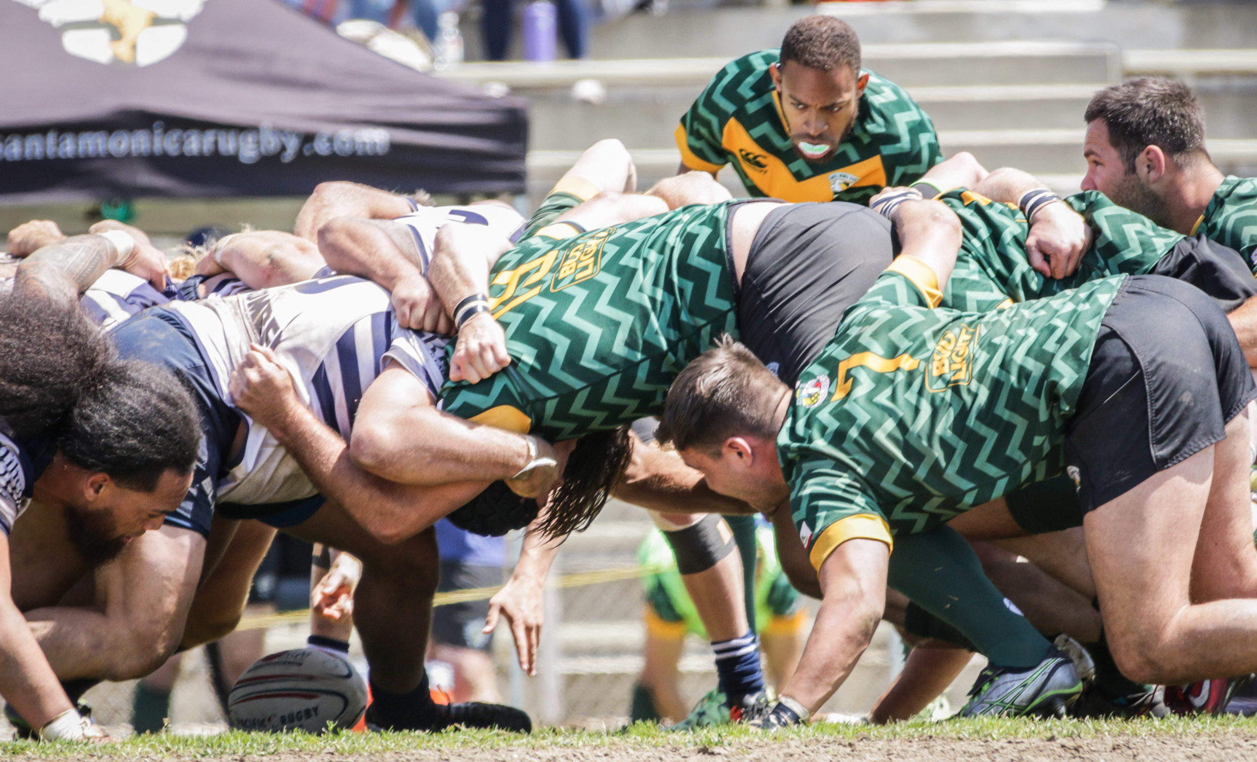  Santa Monica Rugby player closely follows the ball during a scrum with Old Mission Beach Athletic Club during their game held at Westchester High School on Saturday, April 28th, 2018. The game ended 26-7 in favor for OMBAC. (Westchester, California,