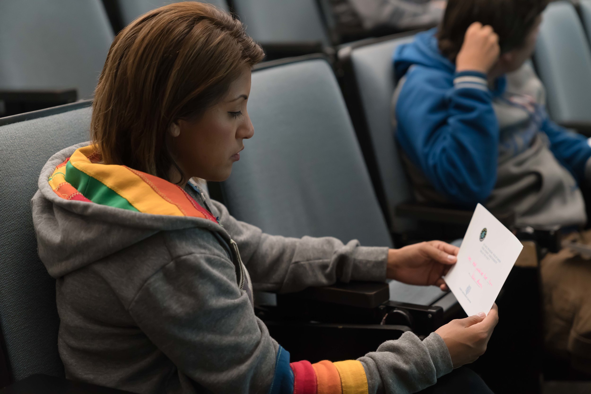  Diana Abarca reviews her six-word answer to the question, "What does the First Amendment mean to you?" at a talk given by Larry Smith, founder of Six-Word Memoirs at Santa Monica College in Santa Monica, California on May 3, 2018. In honor of May be