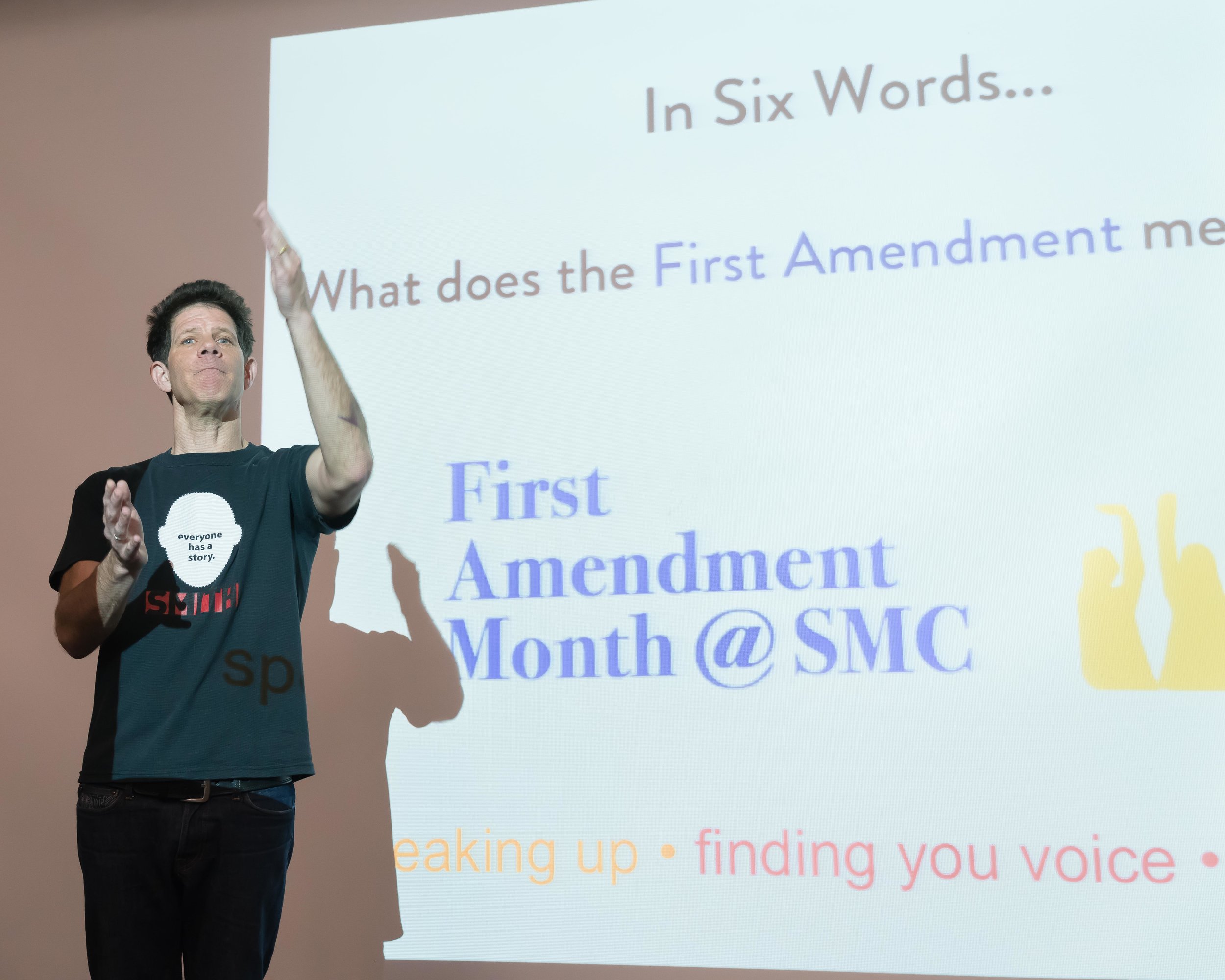  Larry Smith, founder of Six-Word Memoirs, speaks at Santa Monica College on May 3, 2018. May is SMC's inaugural First Amendment Month, started by Professor Ashanti Blaize-Hopkins. (Helena Sung/Corsair Photo). 