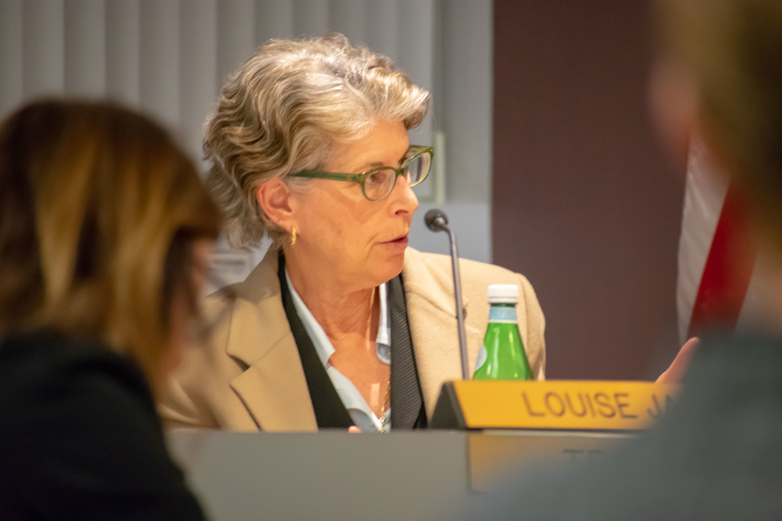 Dr. Louise Jaffe sits on the Santa Monica College board of trustees during their meeting on Tuesday, May 1 and watches a presentation on the status of enrollment at the college in Santa Monica, California. Jaffe has been on the board since 2006 and will be running again during the November elections as an incumbent. (Ethan Lauren/Corsair Photo)
