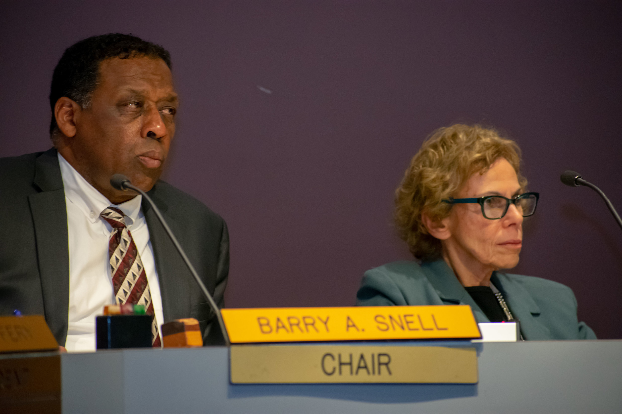 Chair Barry Snell sits on the Santa Monica College board of trustees during their meeting on Tuesday, April 3 alongside trustee Dr. Nancy Greenstein in Santa Monica, California. Both will be running again in the 2018 November elections, Snell has been on the board since 2014 and Greenstein since 2002. (Ethan Lauren/Corsair Photo)