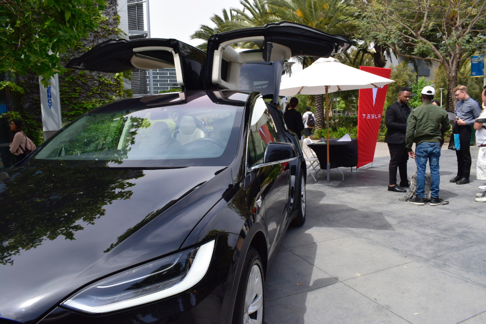  The Tesla car that was brought onto campus during the Job Fair at Santa Monica College on May 8, 2018. Tesla drew a lot of attention with the car and many students lined up with questions about job opportunities at their company. (Claudia Vardoni/ C