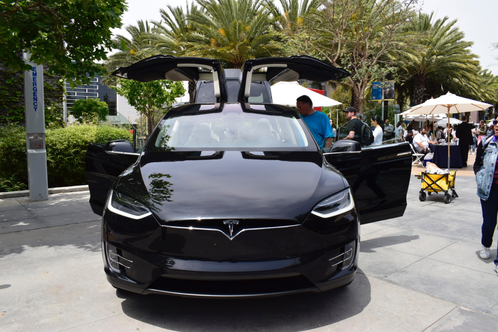 The Tesla car that was brought onto campus and drew a lot of attention during the Job Fair at the Santa Monica College quad on May 8, 2018. Students could try to sit in the Tesla while talking to the Tesla representatives about opportunities at thei