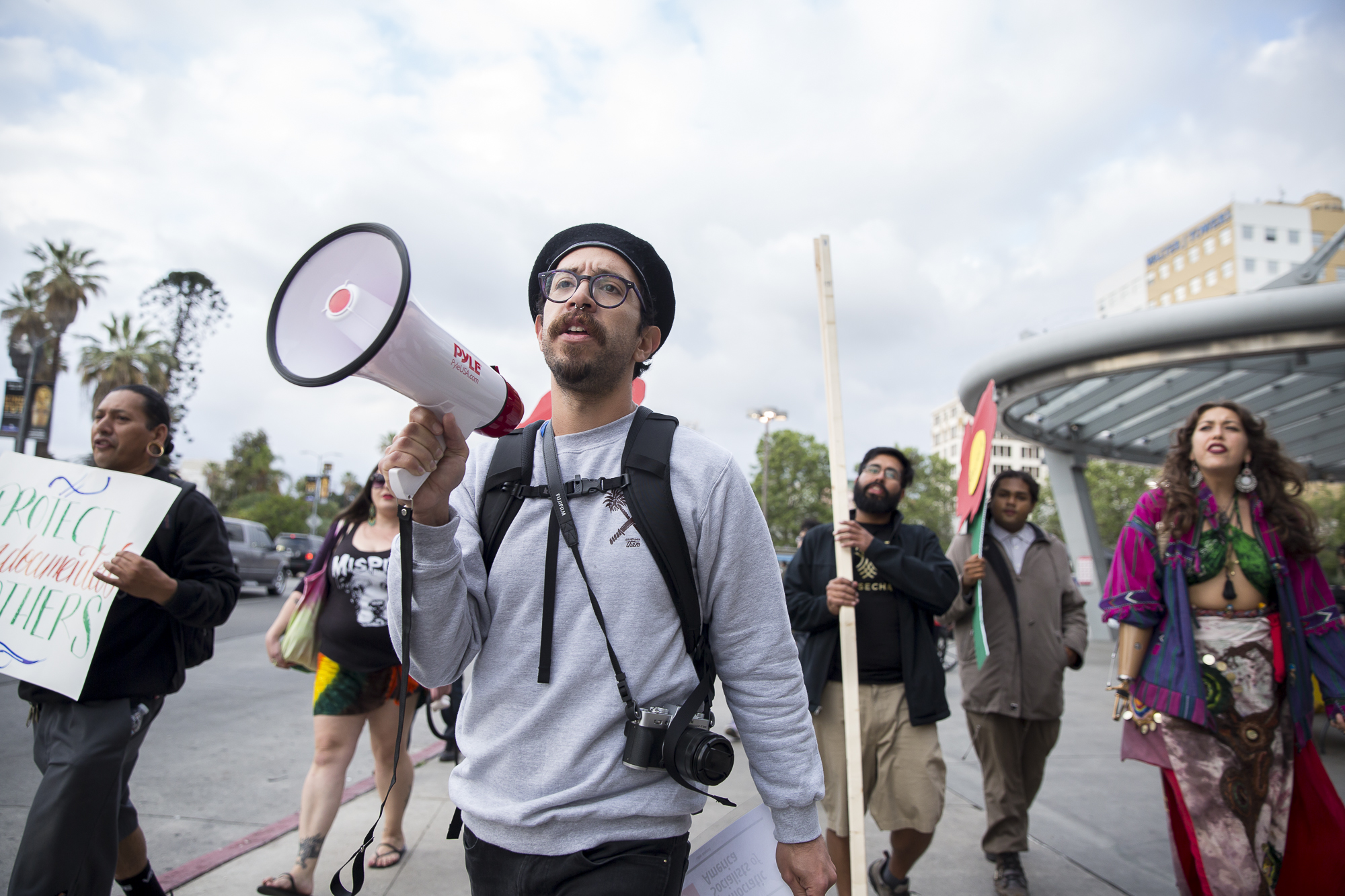  Movimiento Cosecha member Joseph Nicks leads the undocumented immigrant mother’s march down Alvarado Street in downtown Los Angeles, California on Saturday, May 12 2018. The rally, organized by immigration advocacy group Movimiento Cosecha, called o