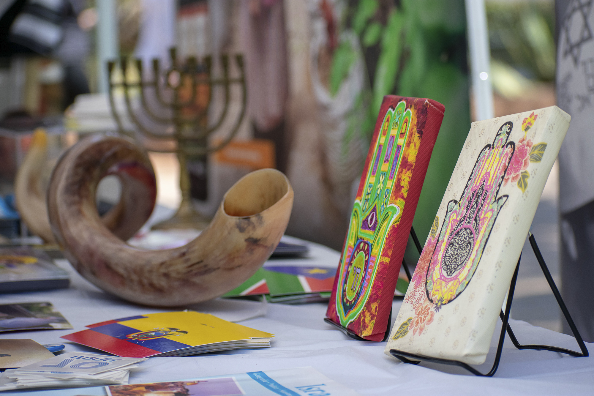  Traditional objects from Israel and other parts of the Middle East such as the shofar, menorah, and the hamsa were on display during an event put on by the Students Supporting Israel club at the college on Thursday, May 10 in Santa Monica, Californi