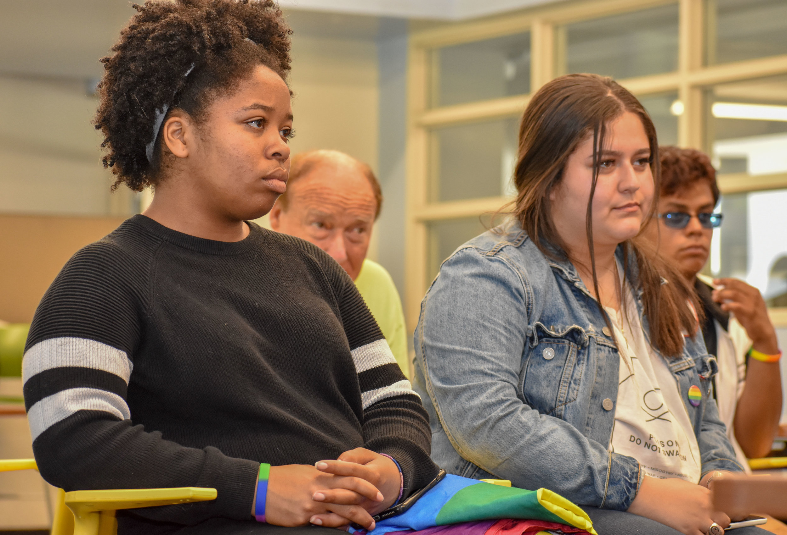  Elise Gary, a kinesiology major at Santa Monica College is also a member of the Gender Sexuality Alliance on campus and watches a panel discussion on the LGBTQ+ community in academia during the school’s Pride Week on Wednesday, May 16 in Santa Monic