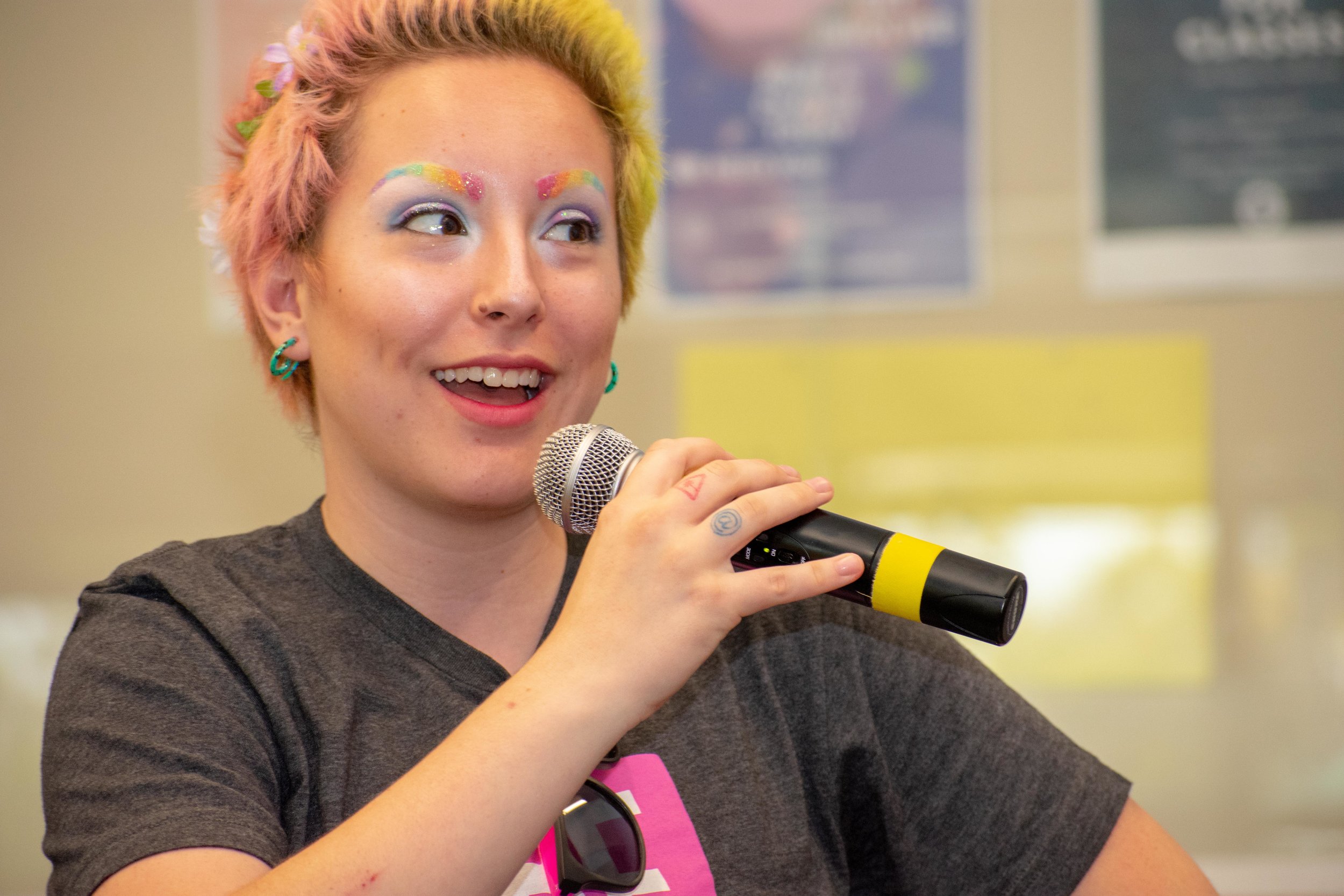  Mysterie Peña, the president of the Gender Sexuality Alliance at Santa Monica College addresses the speakers at a panel discussion on the LGBTQ+ community in academia during the school’s Pride Week on Wednesday, May 16 in Santa Monica, California. T