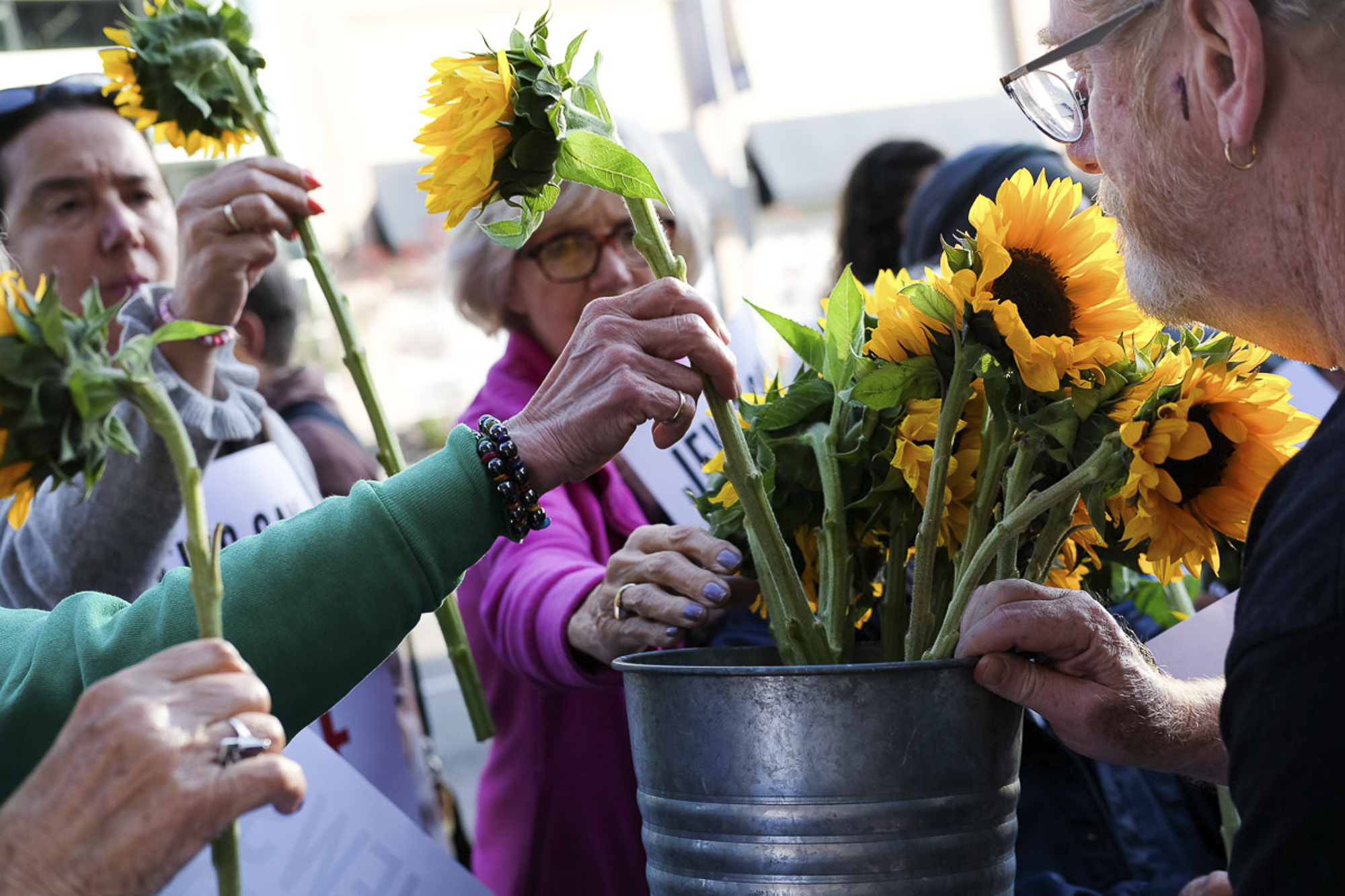  Sunflowers were passed out to represent Palestian's who died during The Great March of Return in Santa Monica, California on May 18, 2018. The sunflowers signify hope and resilience.  (Jayrol San Jose/Corsair Contributor) 