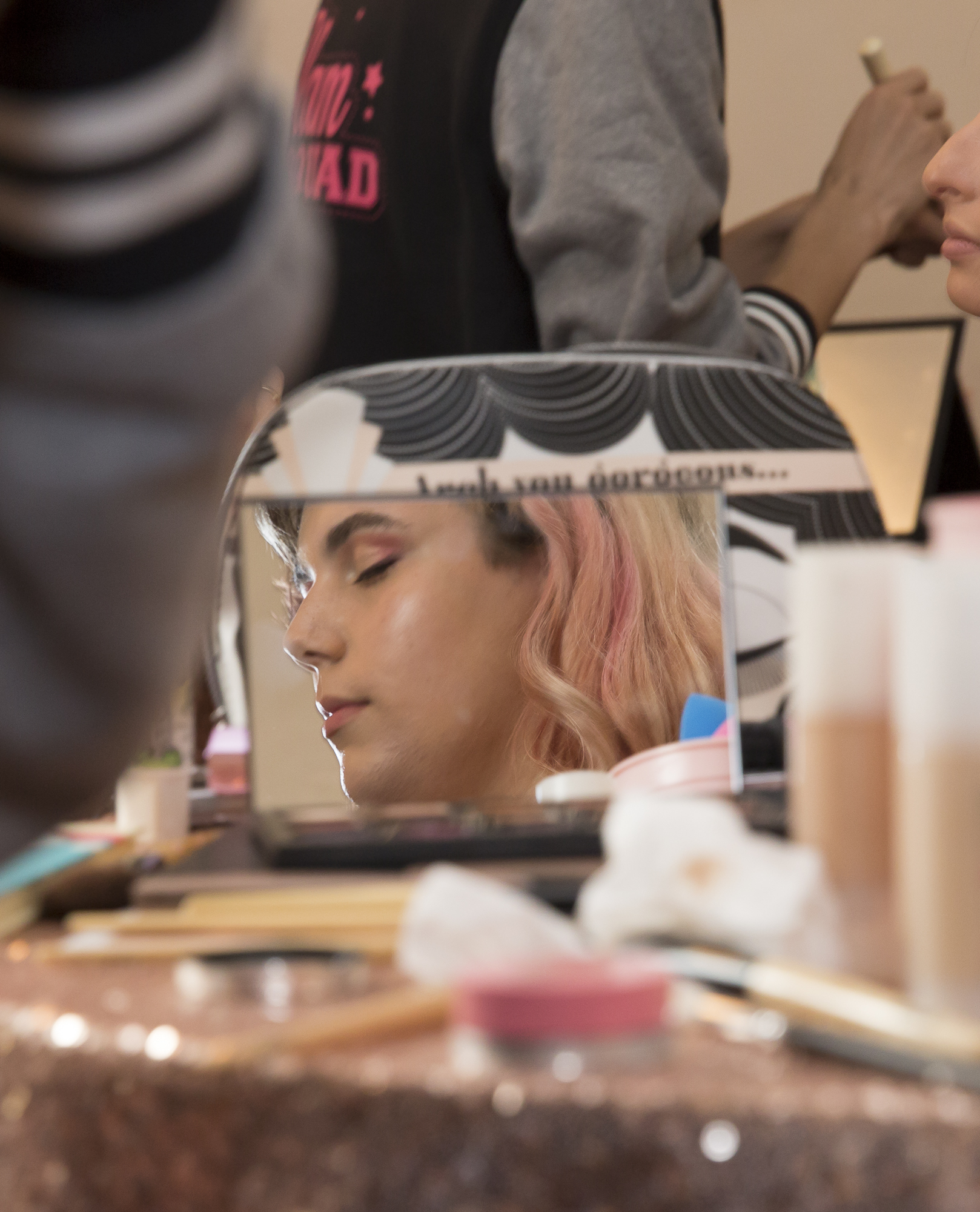 Amy Woodfine’s reflection in a makeup mirror as she is getting her makeup done before attending the LGBTQ+ Prom being held at the interfaith Church in Ocean Park in Santa Monica California on Friday May 18, 2018. The interfaith church has held “Queer Proms” in the past, but this year was the first that the prom’s sponsor, Young People Creating Change (YPCC), partnered with the Princess Project Los Angeles (PPLA), Benefit Cosmetics, and Teen Vogue to produce the event. (Matthew Martin/Corsair Photo)