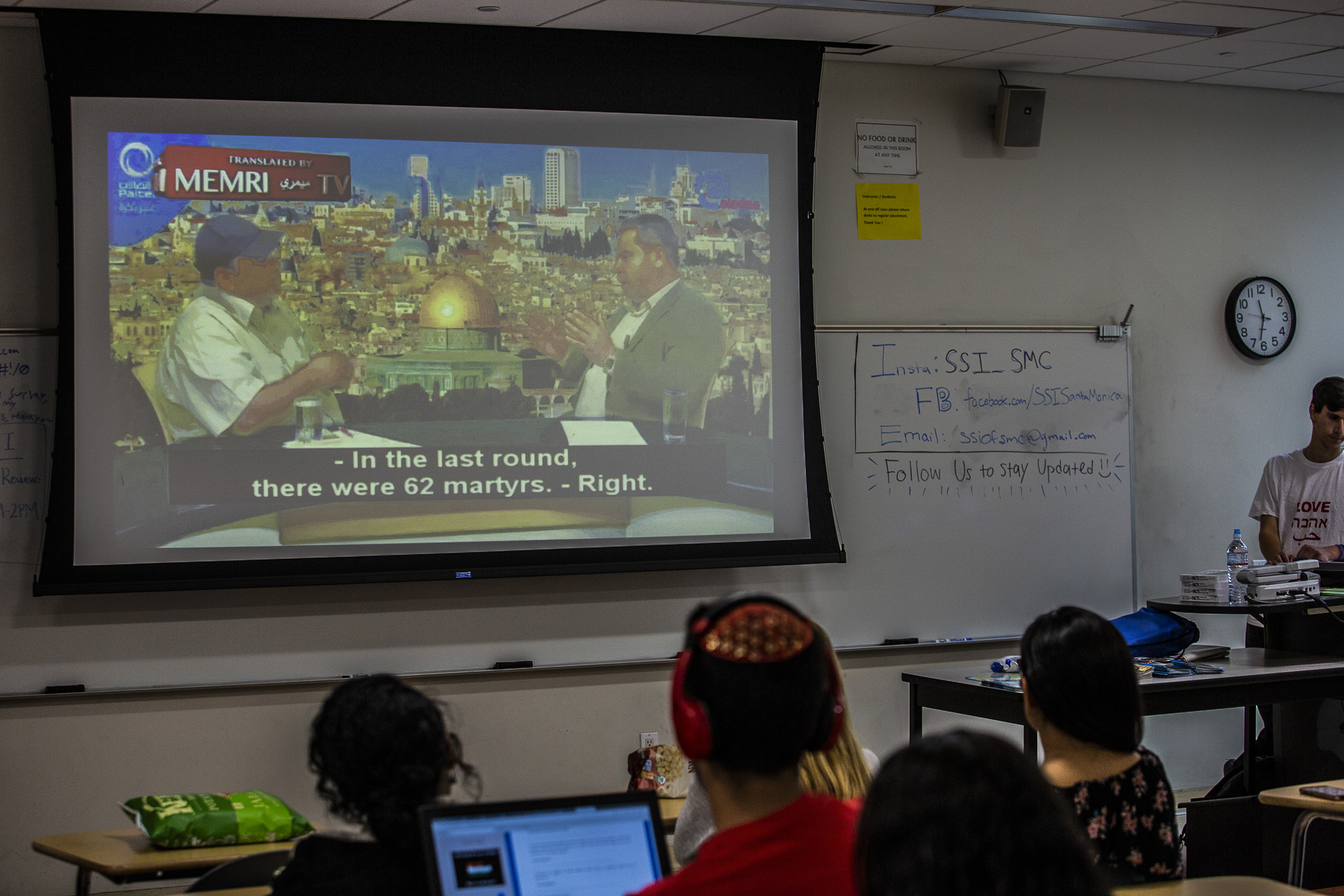 A group of predominantly Israel-American students gather at a meeting of 'Students Supporting Israel' to watch footage distributed by MEMRI, the MIddle Eastern Media Research Initiative, a non-profit which promotes itself as neutral but has been charged by critics with disseminating incomplete and selective translations while promoting the views of Islamic extremists in order to depict the Arab world in a negative light. Thursday May 24 2018 in Santa Monica College, Santa Monica CA photo by Ruth Iorio