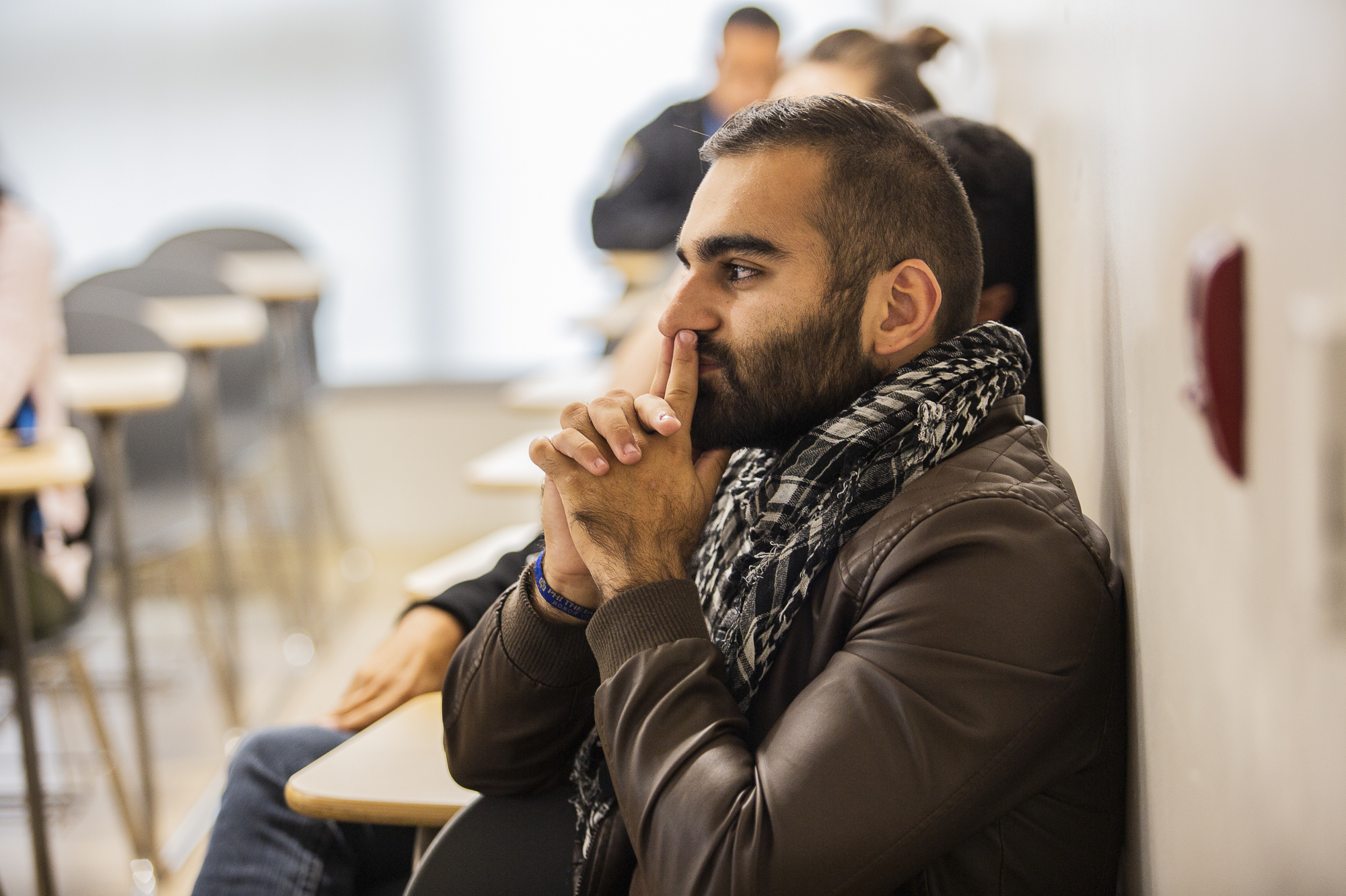  Hesham Jarmakani, one of the few non-Jewish participants attending the 'Answering Tough Questions about Israel' meeting organized by the Students Supporting Israel of Santa Monica College, explains to the crowd parallels between the Druze (an Arabic