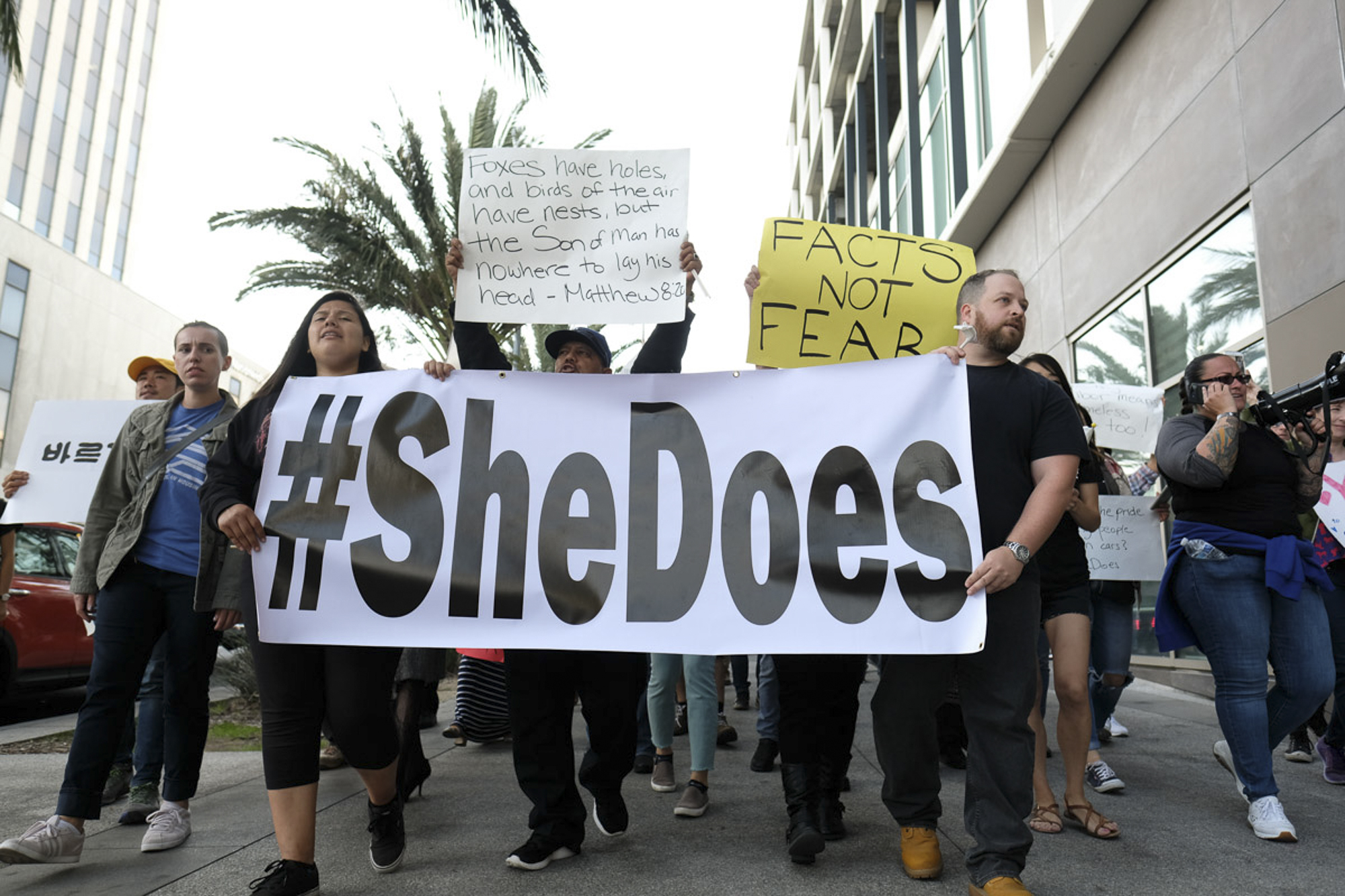  #Shedoes protesters march down the streets of Koreatown to support a homeless shelter being built in the city in Los Angeles, California on May 26, 2018. (Jayrol San Jose/Corsair Contributor) 