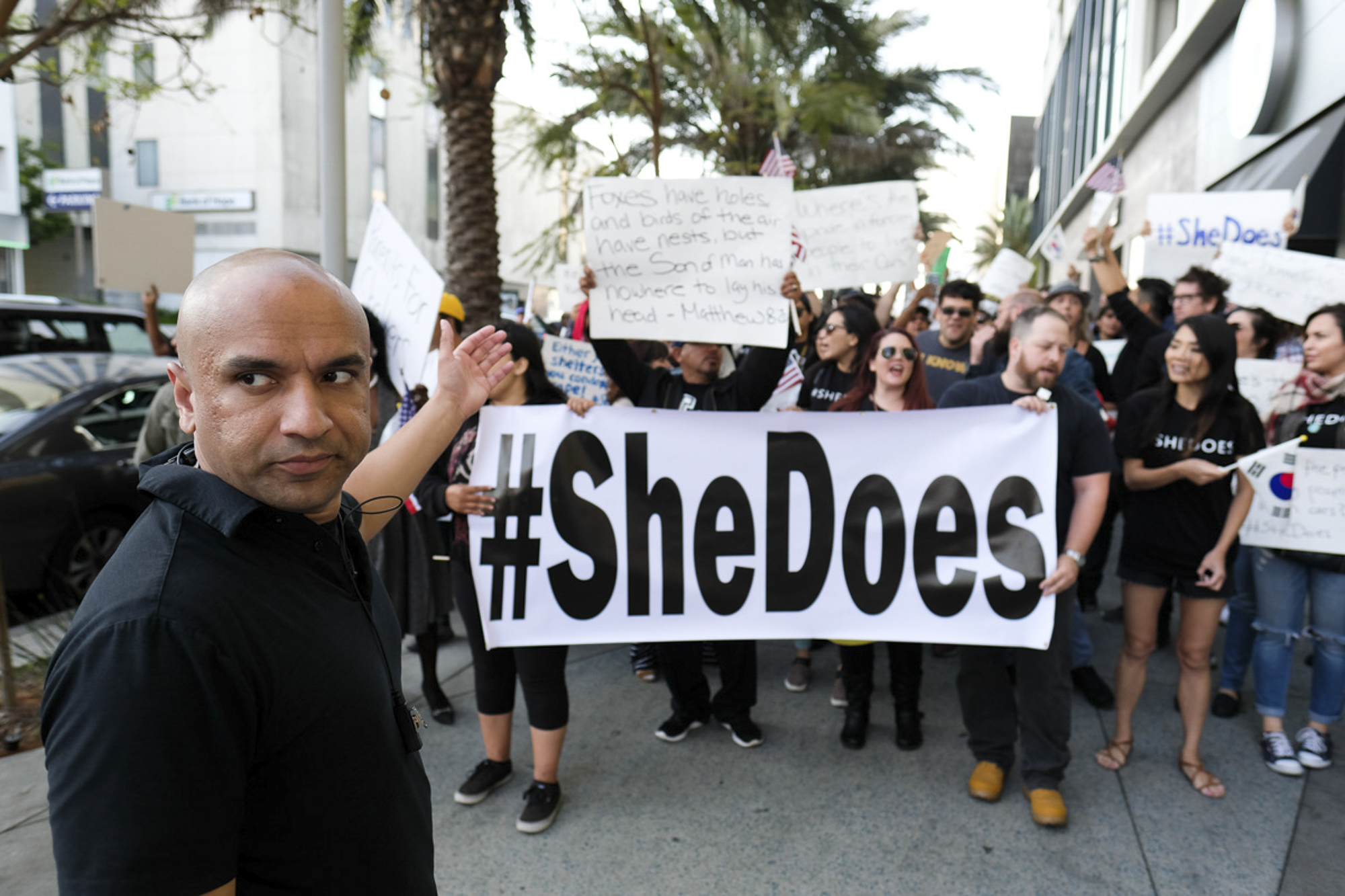  Mel Tillekerantne leads #Shedoes protesters down the streets of Koreatown in Los Angeles, California on May 26, 2018. (Jayrol San Jose/Corsair Contributor) 