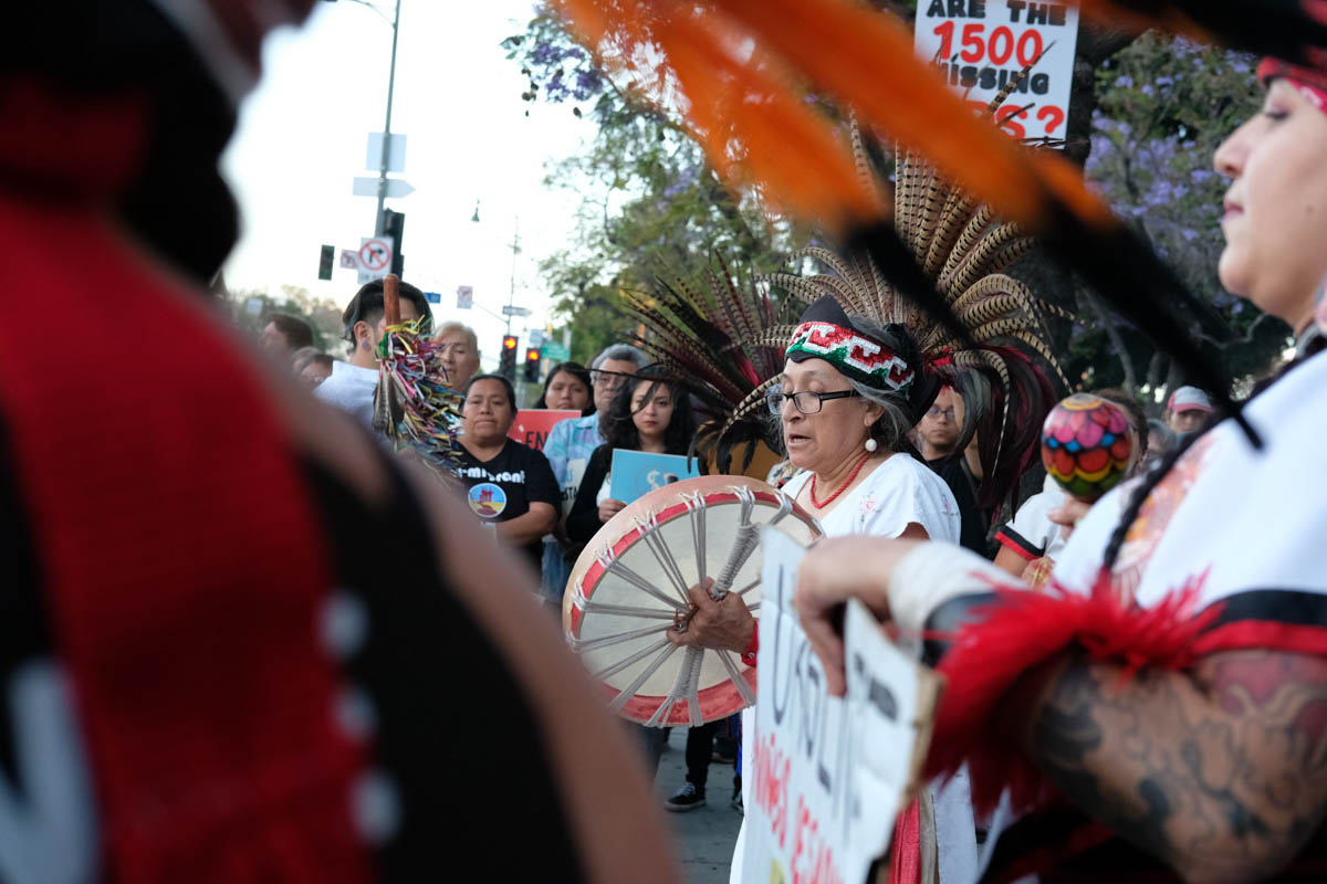  Protesters perform an Aztec tribal dance during the Justice for Claudia Vigil in Los Angeles, California on June 1, 2018. (Jayrol San Jose/Corsair Contributor) 