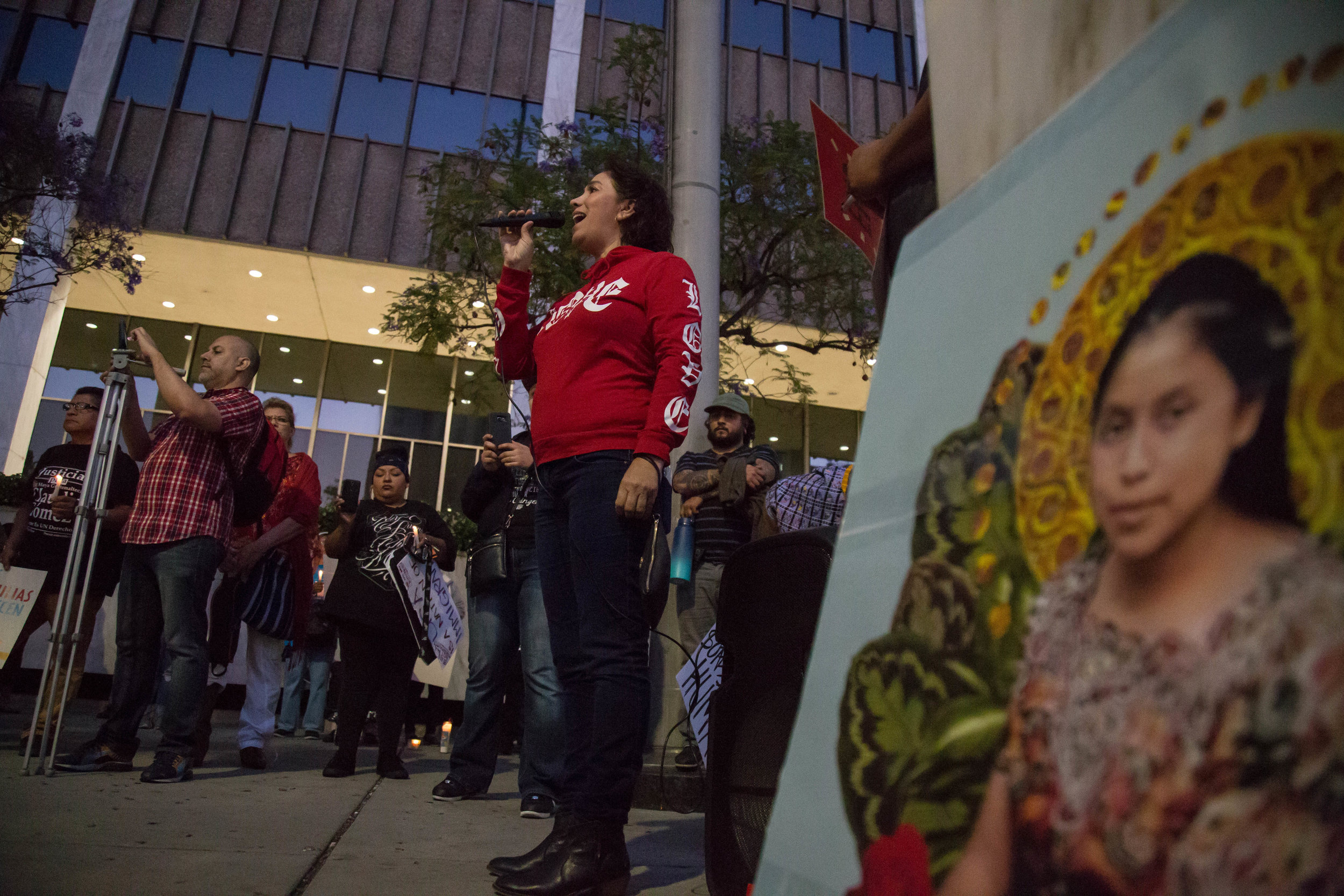 One of the participants of "Justice for Claudia and All kidnapped Indigenous children!" gives a speech in front of United States Citizenship and Immigration building in Downtown Los Angeles, California on June 1st, 2018. (Yuki Iwamura/Corsair Contributor)