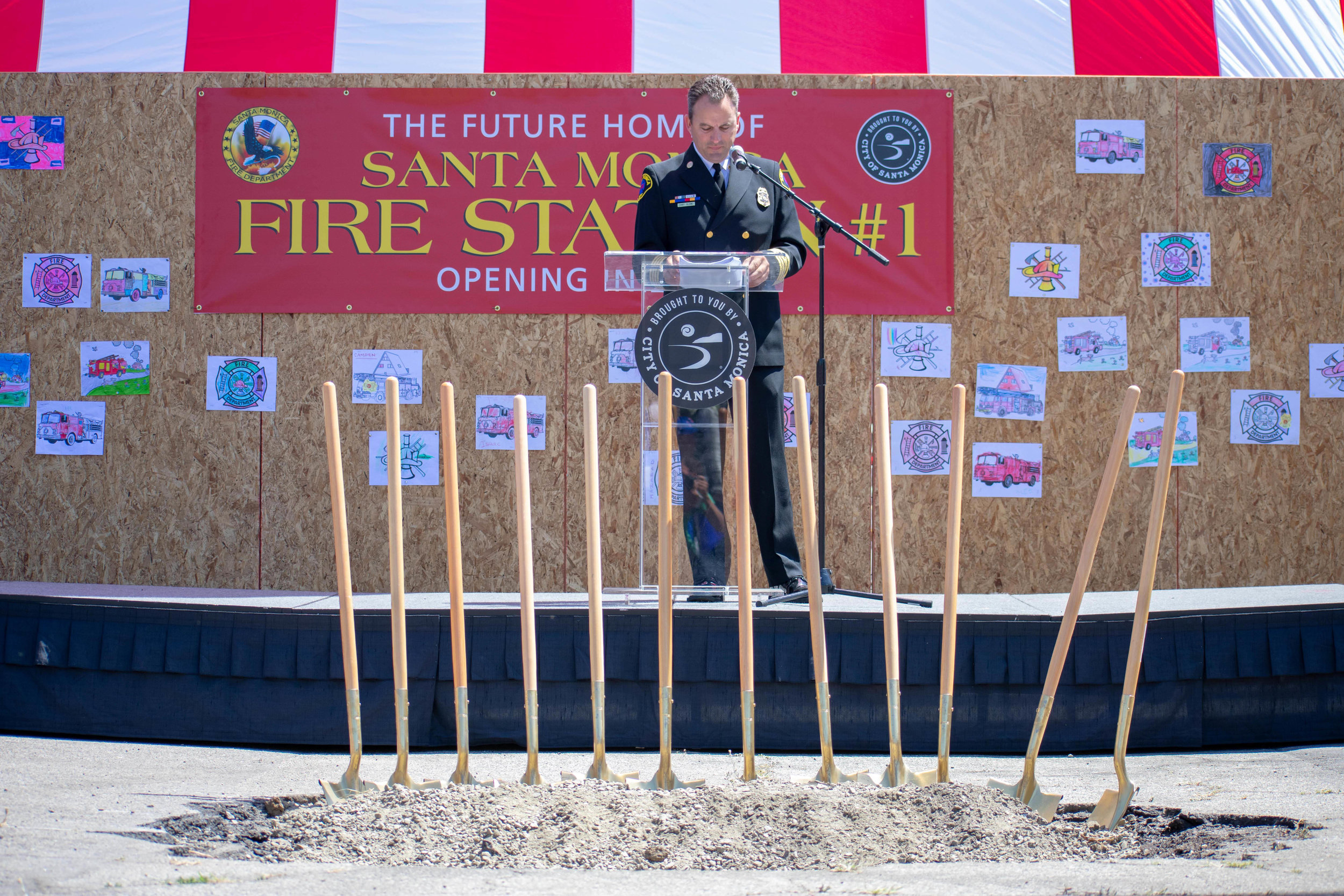  Deputy Fire Chief Tom Clemo stands at the location of the newest fire station during a groundbreaking event in downtown Santa Monica on Saturday, June 2. Located on 1444 7th St, the station will be replacing Fire Station No. 1, which is currently th