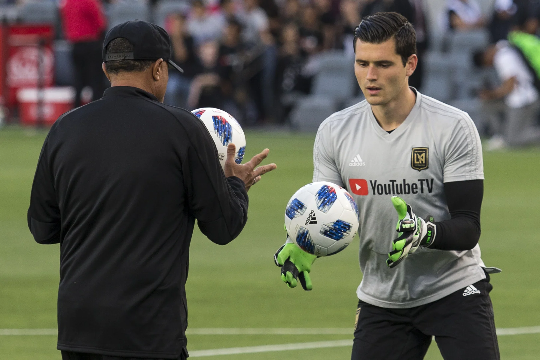 Los Angeles Football Club (LAFC) Goalie Charlie Lyon (right) warms up before his match against the Minnesota United Football Club on May 9, 2018 at Banc of California Stadium. LAFC won the match 2-0. (Zane Meyer-Thornton/Corsair Photo)