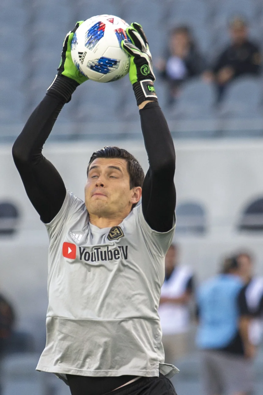 Los Angeles Football Club (LAFC) Goalie Charlie Lyon (right) warms up before his match against the Minnesota United Football Club on May 9, 2018 at Banc of California Stadium. LAFC won the match 2-0. (Zane Meyer-Thornton/Corsair Photo)