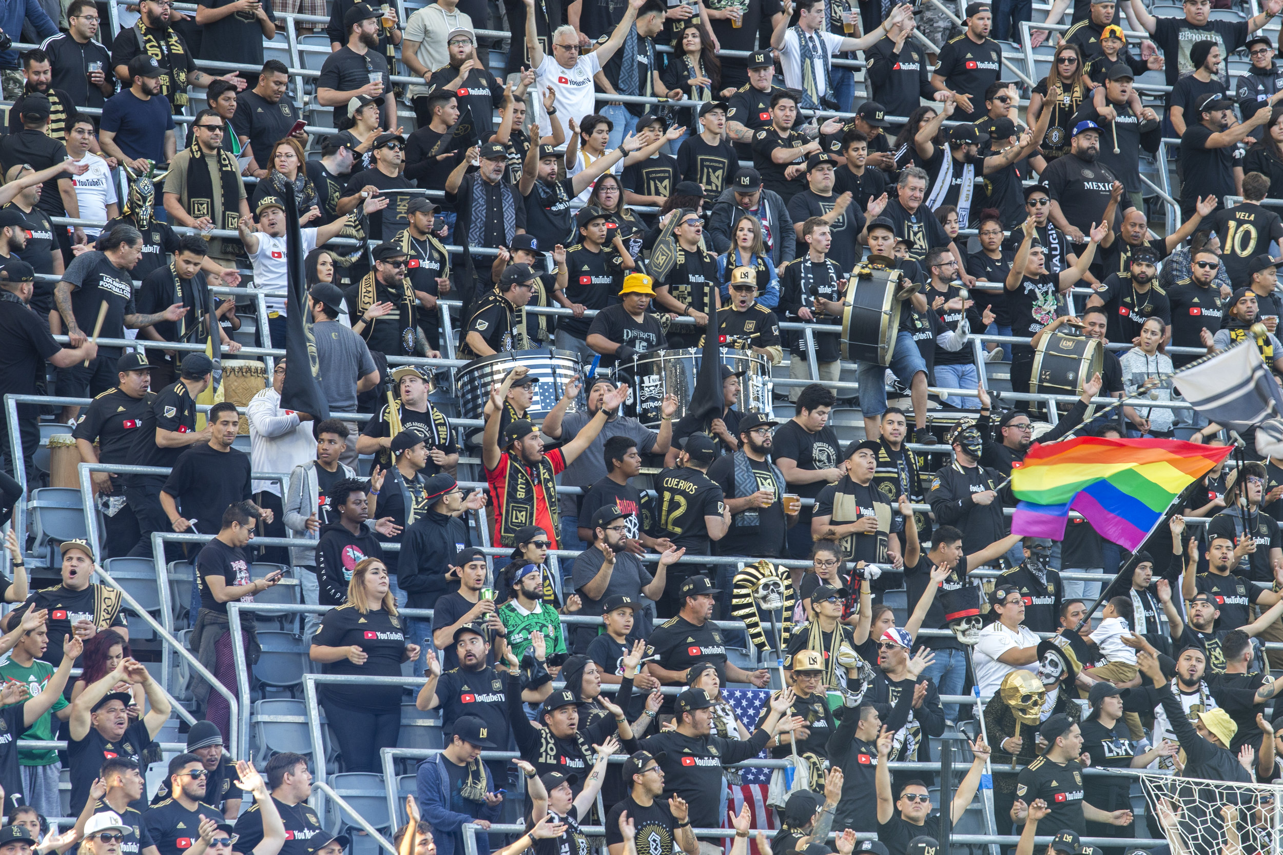  Fans cheer for the Los Angeles Football Club before their second home match of the season against the Minnesota United Football Club while sporting an LGBTQ flag. There was an incident in the teams first game where fans were shouting homophobic slur