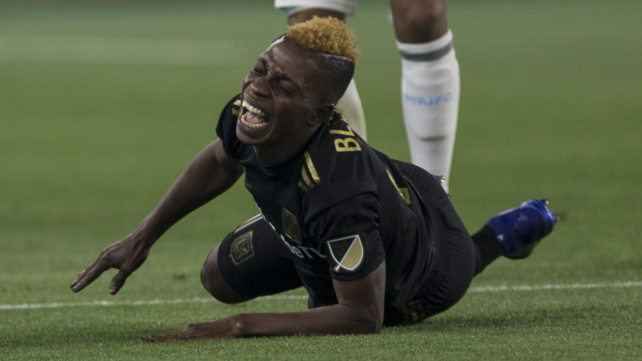  Los Angeles Football Club (LAFC) forward Latif Blessing is fouled during his match at Banc of California Stadium against the Minnesota United Football Club on May 9, 2018 where the LAFC won 2-0. (Zane Meyer-Thornton/Corsair Photo) 