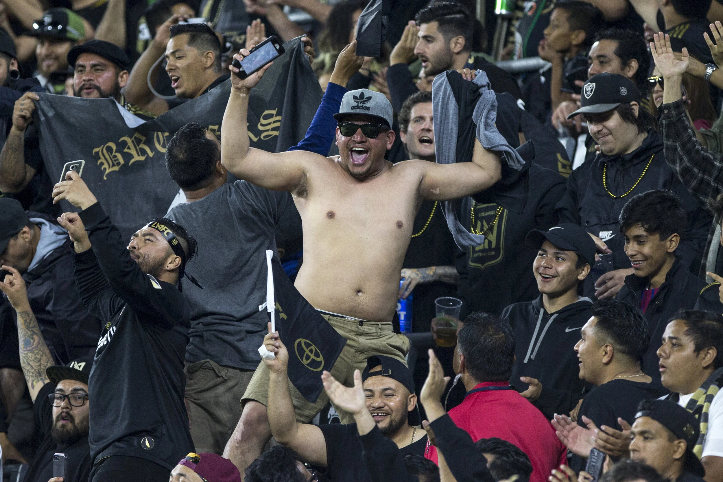Los Angeles Football Club fans celebrate the teams 2-0 victory against the Minnesota United Football Club at Banc Of California Stadium on May 9, 2018. (Zane Meyer-Thornton/Corsair Photo