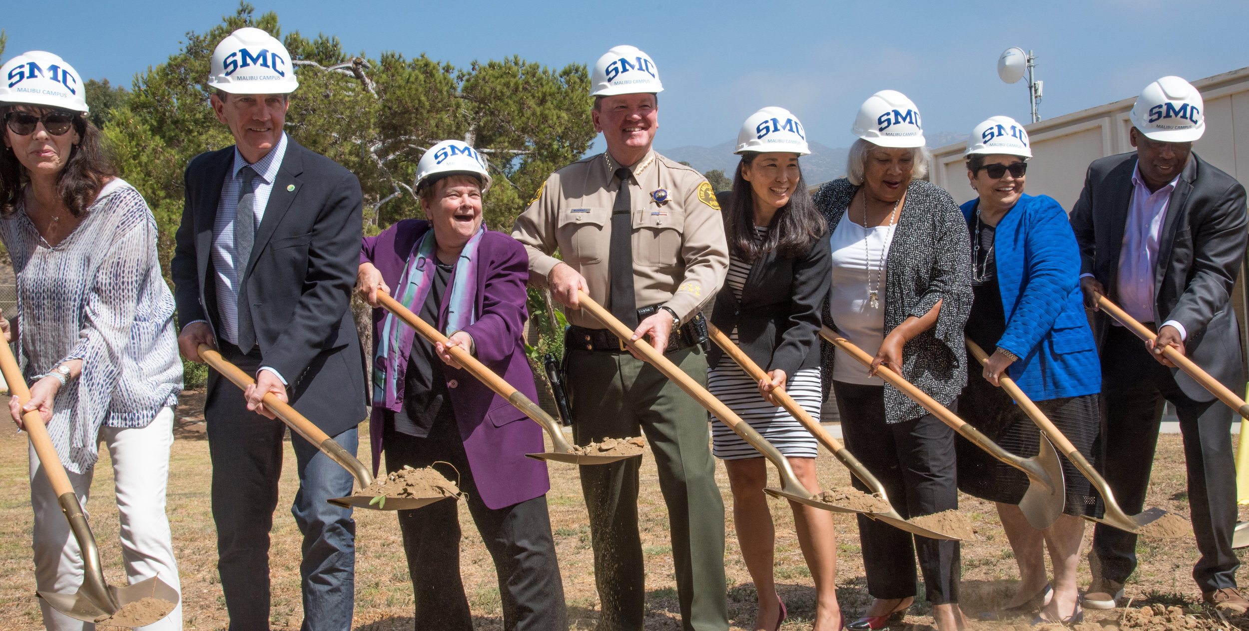  Santa Monica College President Kathryn Jeffery (third from right), Sheriff Jim McDonald (center), Mayor Rick Mullen (second from left), and others begin the official groundbreaking of the Santa Monica College Malibu Campus & Los Angeles County Sheri