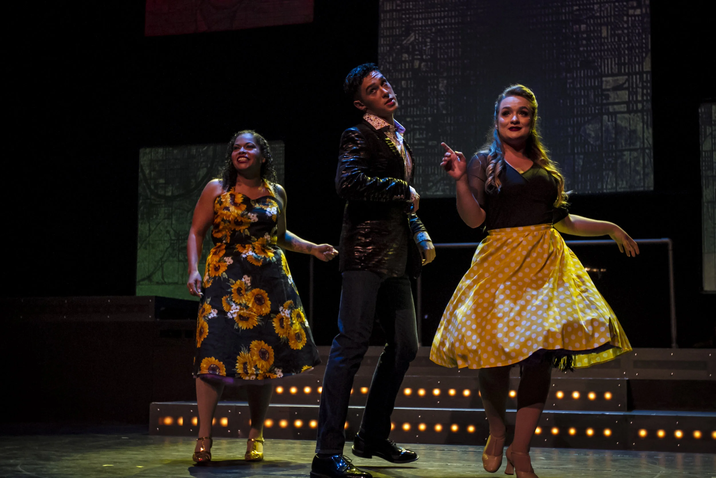 Elizabeth Orellana (left), Kent Navarrette (center) and Serenity Robb (right) performing on stage. By Yasser Marte. Smokey Joe's Cafe Musical. Santa Monica College (SMC) Theater Arts Main Stage. Oct. 2, 2018 ( Yasser Marte/Corsair Staff)