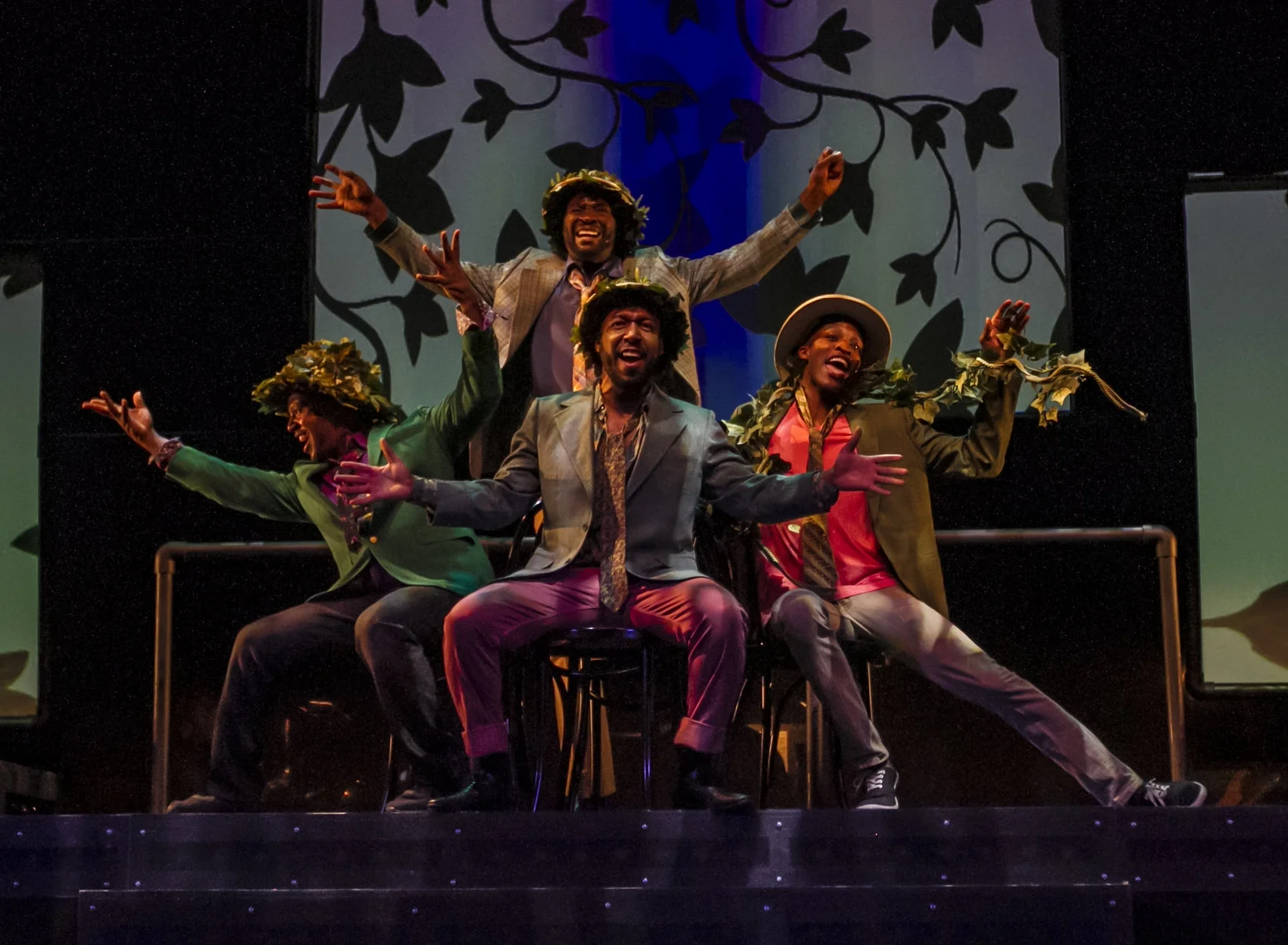 Actors singing a big musical jungled theme song. By Yasser Marte. Smokey Joe's Cafe Musical. Santa Monica College (SMC) Theater Arts Main Stage. Oct. 2, 2018 ( Yasser Marte/ Corsair Staff)