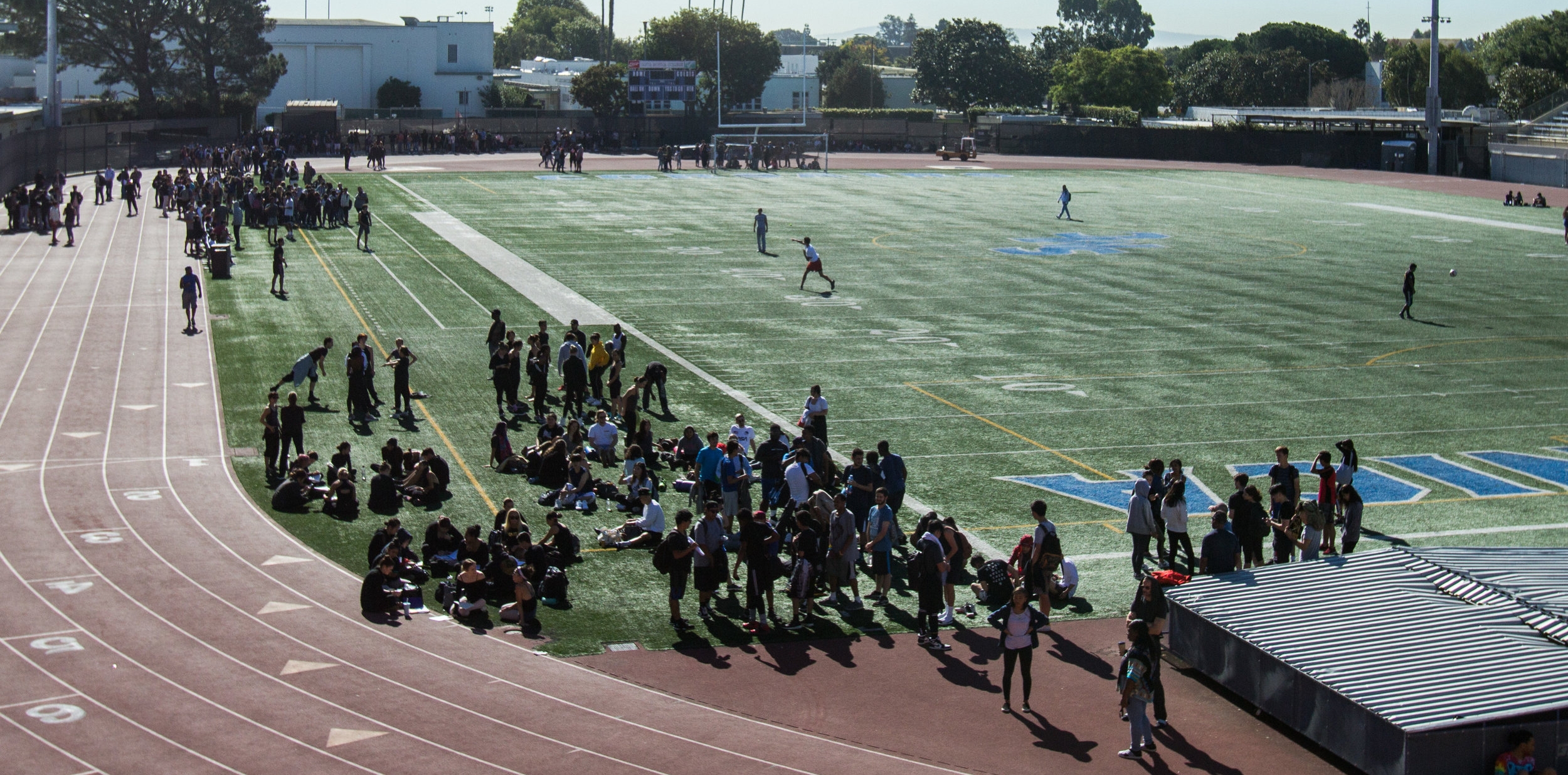  Students outside on the Corsair Field in Santa Monica College in their designated emergency positions after the alarm went off during the Earthquake Shakeout Drill on Thursday October 18, 2018 in Santa Monica, California. (Jacob Victorica/Corsiar Ph
