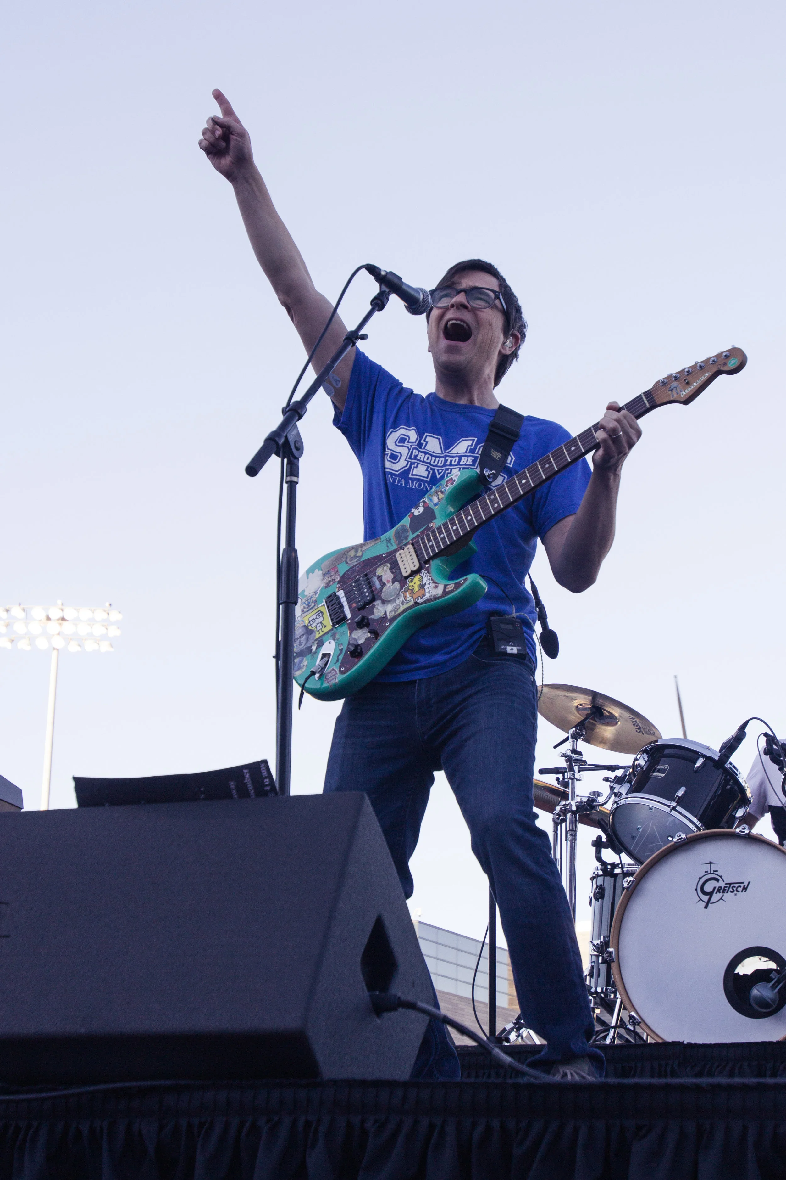 Lead singer of the band Weezer, Rivers Cuomo singing the chorus part of Africa by Toto that he did a cover of during the Halftime show of the Santa Monica Corsair's Homecoming game in Santa Monica, California on Saturday, October 20th. (Jacob Victorica/ Corsair Photo)