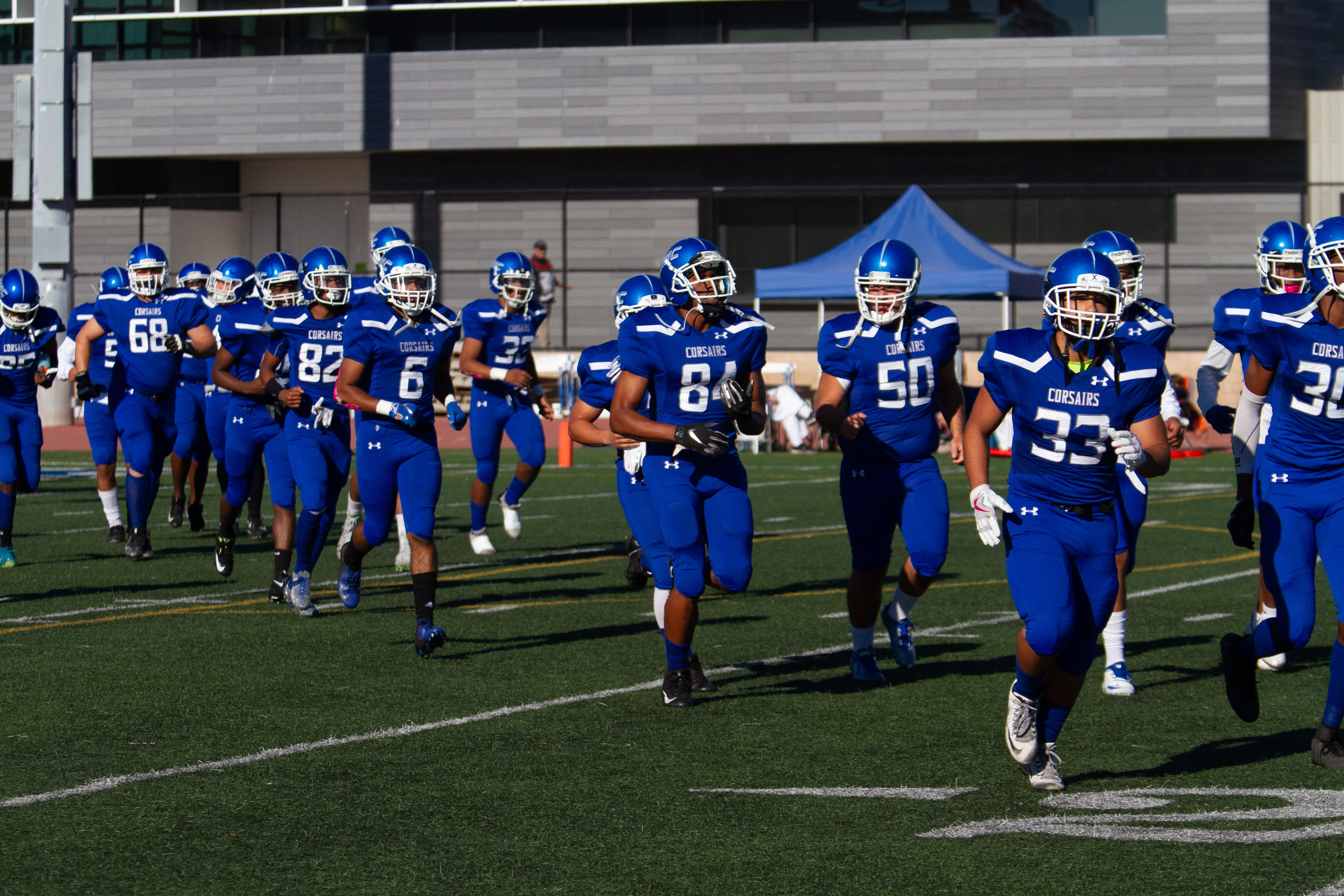  Santa Monica College Corsairs run on the Corsair Field after being announced during the homecoming game against Allan Hancock College Vikings on October 20th, 2018. Corsairs lose 52-0.(Ricardo Herrera/Corsair Photo) 