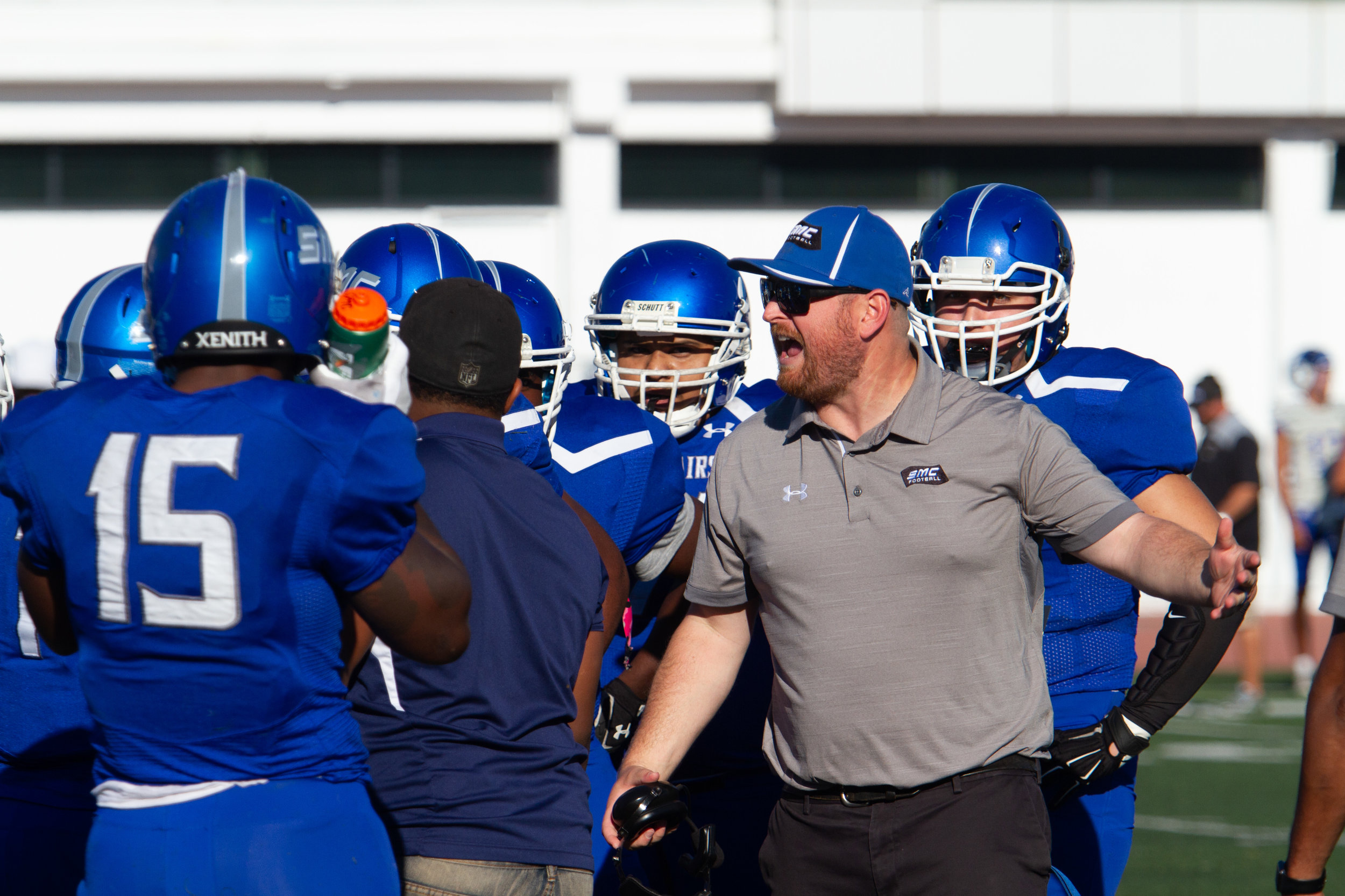  Corsair's head coach Kelly Ledwith shouts at the offensive after reoccuring mistakes during Santa Monica College homecoming game agaisnt Allan Hancock Vikings on October 20, 2018. Corsairs lose 52-0.(Ricardo Herrera/Corsair Photo) 